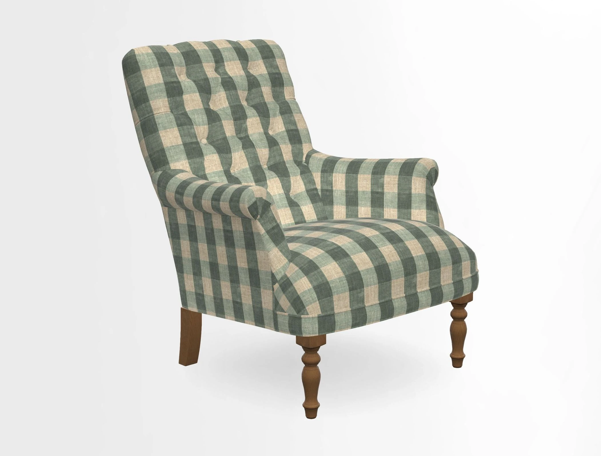 Snape Button Back chair in Spill Resistant V&A Bird & Rabbit Dark Green and Cube footstool in Spill Resistant RHS Etta's Stripe Ink