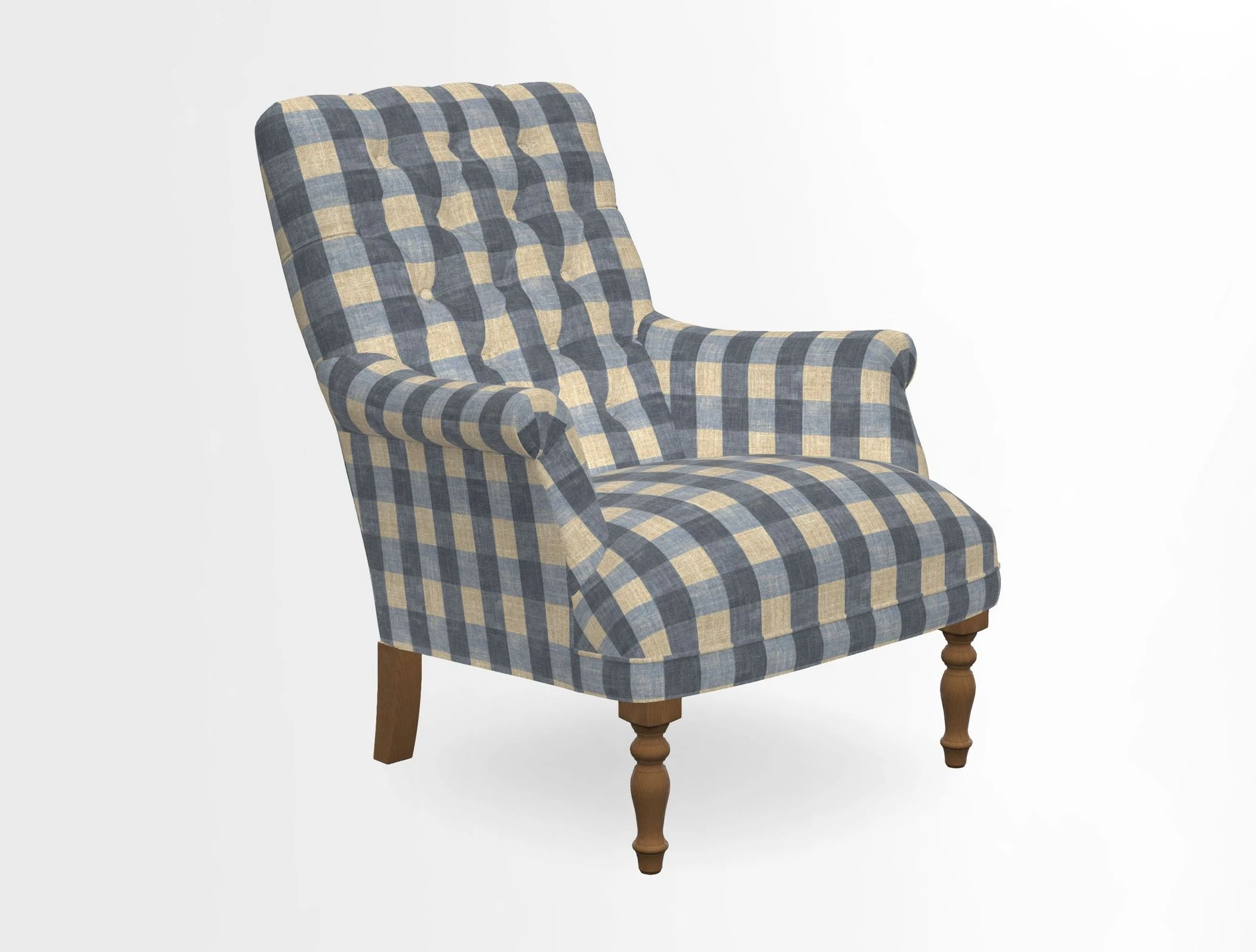 Snape Button Back chair in Spill Resistant V&A Bird & Rabbit Dark Green and Cube footstool in Spill Resistant RHS Etta's Stripe Ink