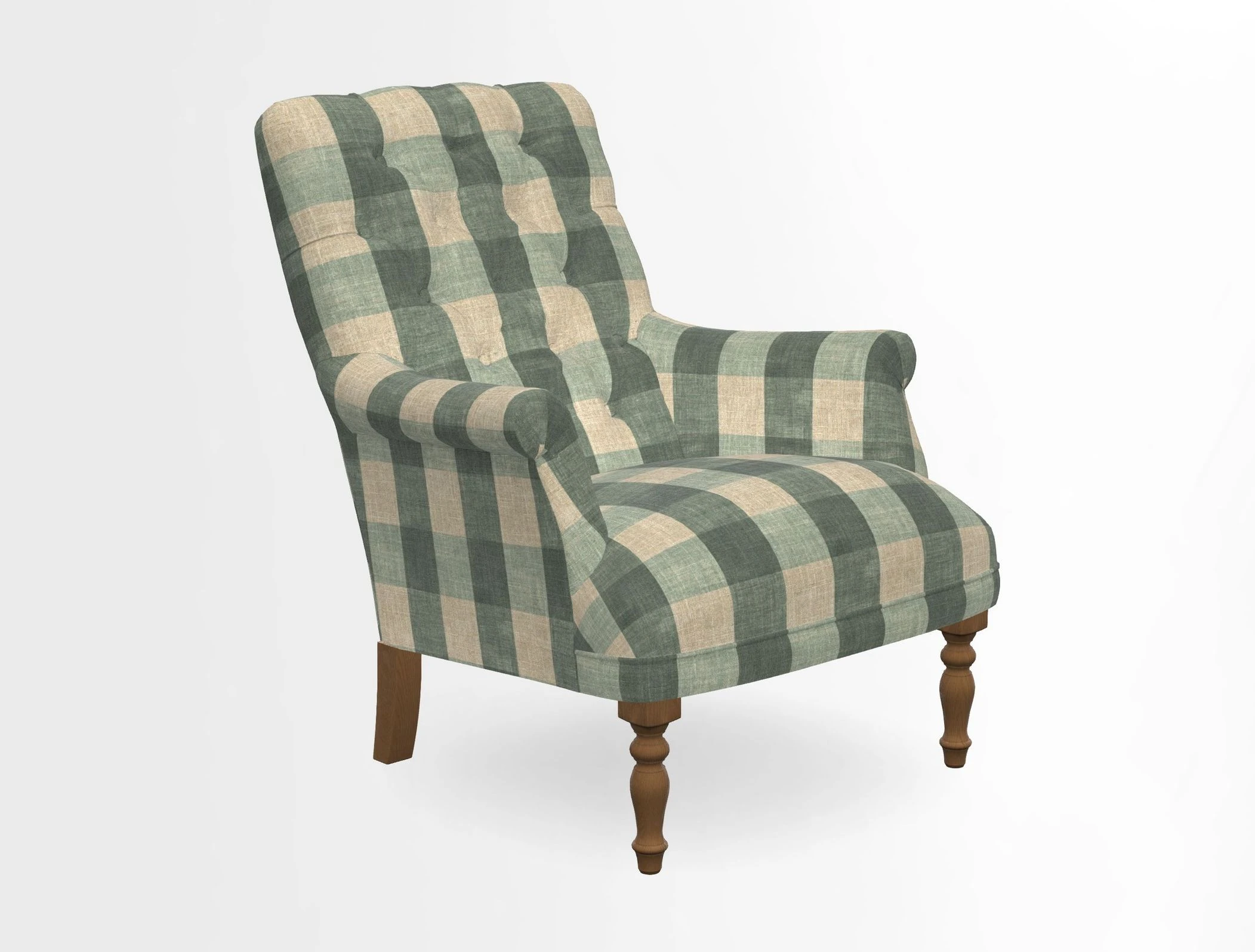 Snape Button Back chair in Spill Resistant V&A Bird & Rabbit Dark Green and Cube footstool in Spill Resistant RHS Etta's Stripe Ink