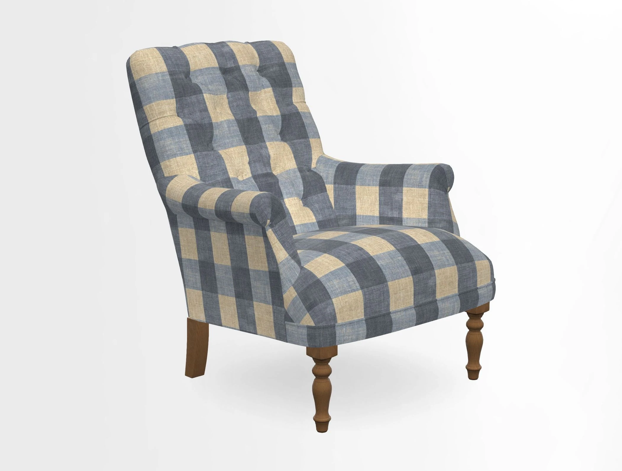 Snape Button Back chair in Spill Resistant V&A Bird & Rabbit Dark Green and Cube footstool in Spill Resistant RHS Etta's Stripe Ink