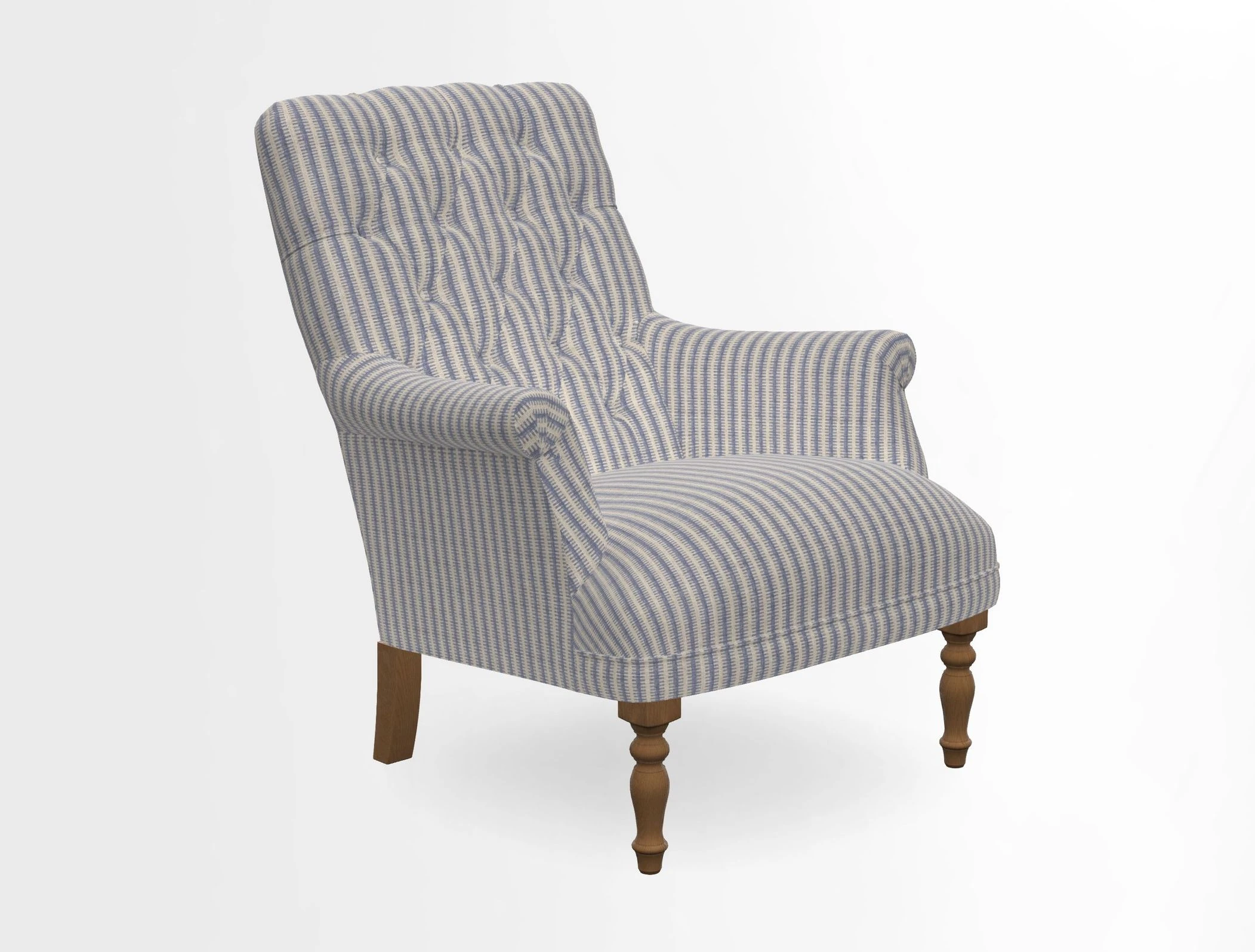 Snape Button Back chair in Spill Resistant V&A Bird & Rabbit Dark Green and Cube footstool in Spill Resistant RHS Etta's Stripe Ink