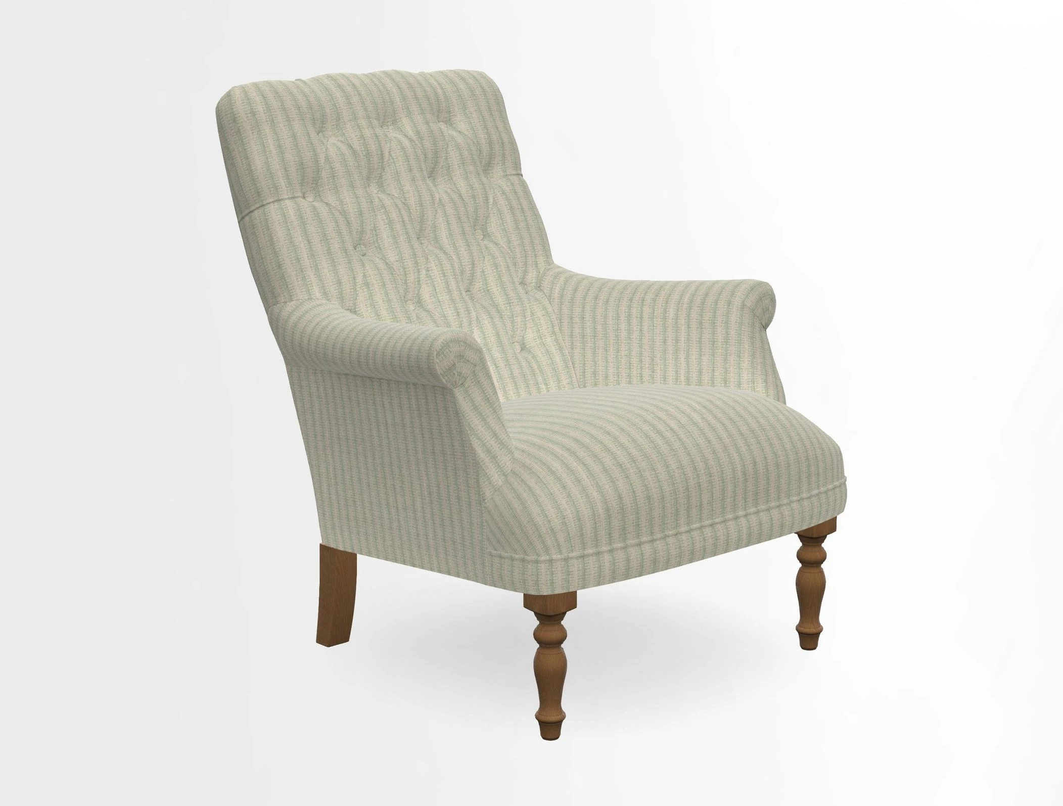 Snape Button Back chair in Spill Resistant V&A Bird & Rabbit Dark Green and Cube footstool in Spill Resistant RHS Etta's Stripe Ink