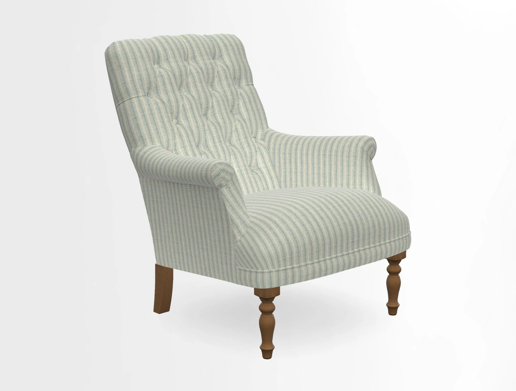 Snape Button Back chair in Spill Resistant V&A Bird & Rabbit Dark Green and Cube footstool in Spill Resistant RHS Etta's Stripe Ink
