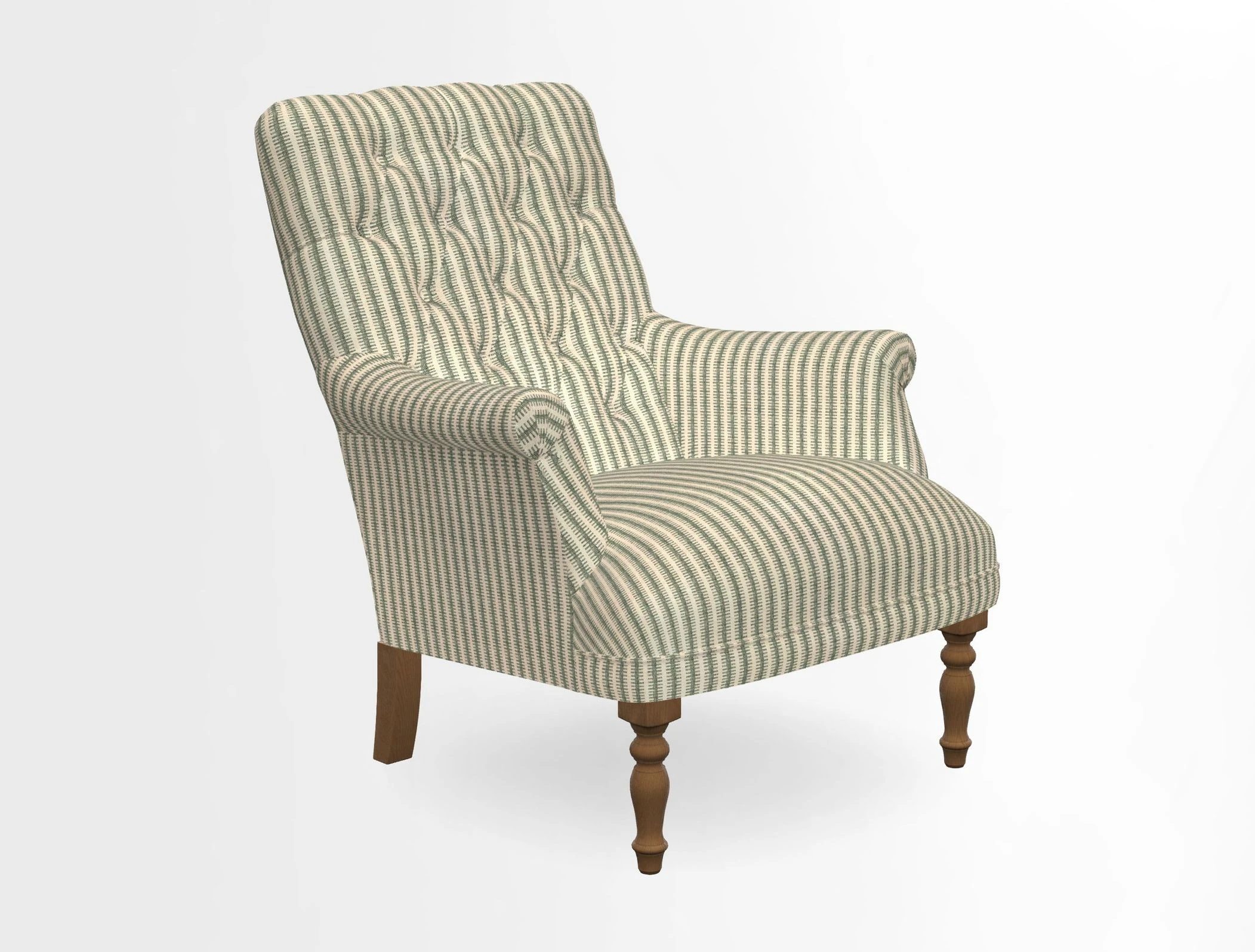 Snape Button Back chair in Spill Resistant V&A Bird & Rabbit Dark Green and Cube footstool in Spill Resistant RHS Etta's Stripe Ink
