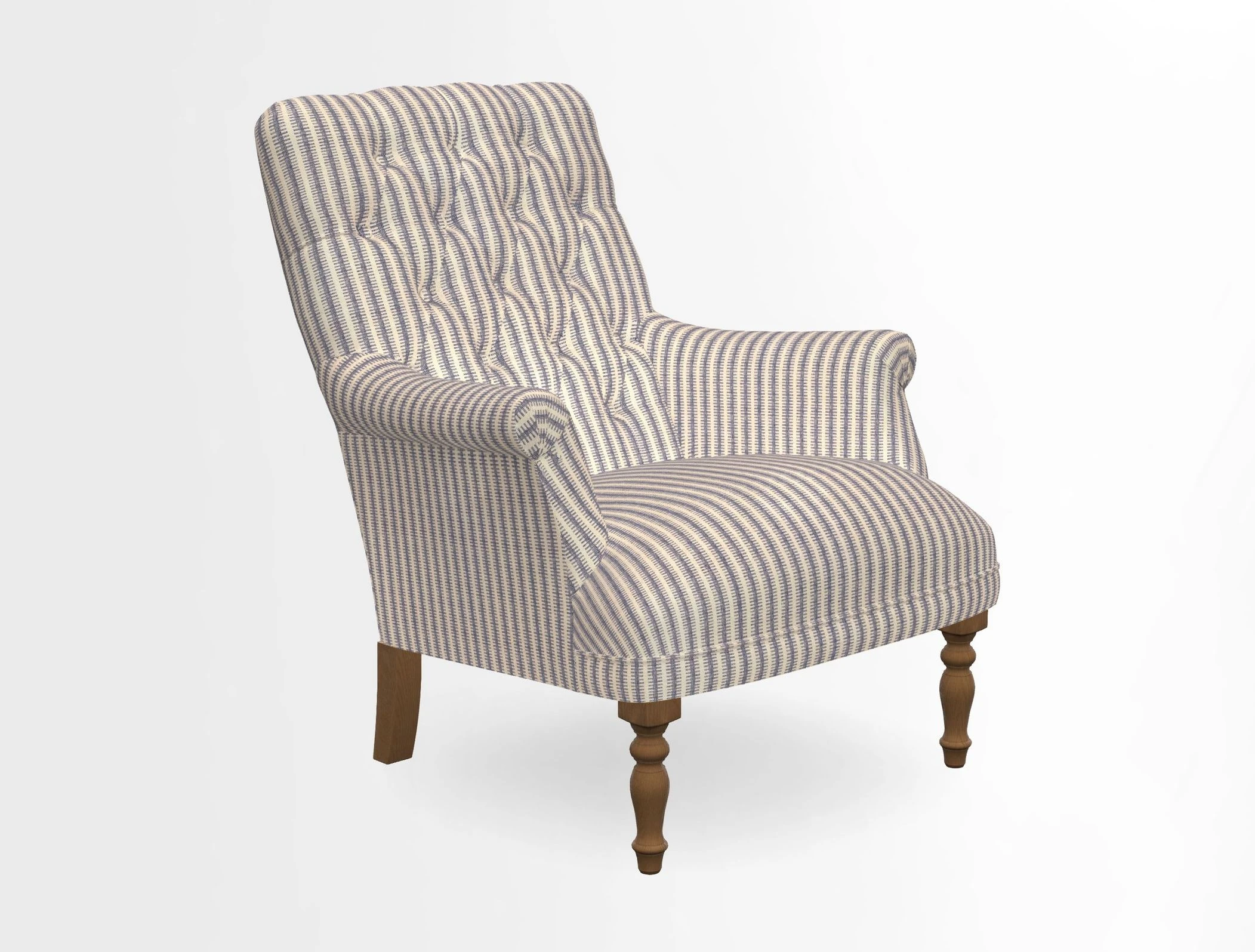 Snape Button Back chair in Spill Resistant V&A Bird & Rabbit Dark Green and Cube footstool in Spill Resistant RHS Etta's Stripe Ink