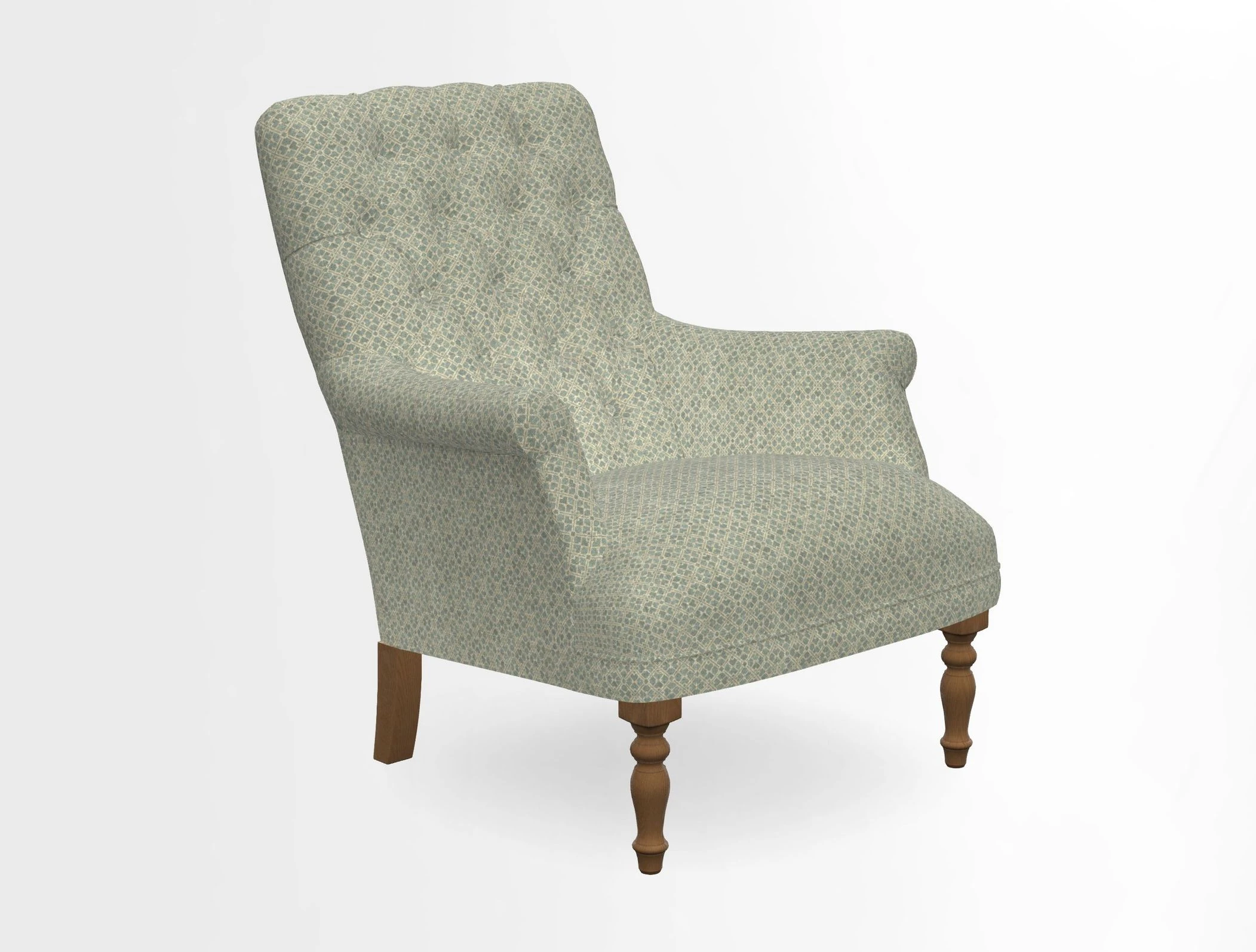 Snape Button Back chair in Spill Resistant V&A Bird & Rabbit Dark Green and Cube footstool in Spill Resistant RHS Etta's Stripe Ink