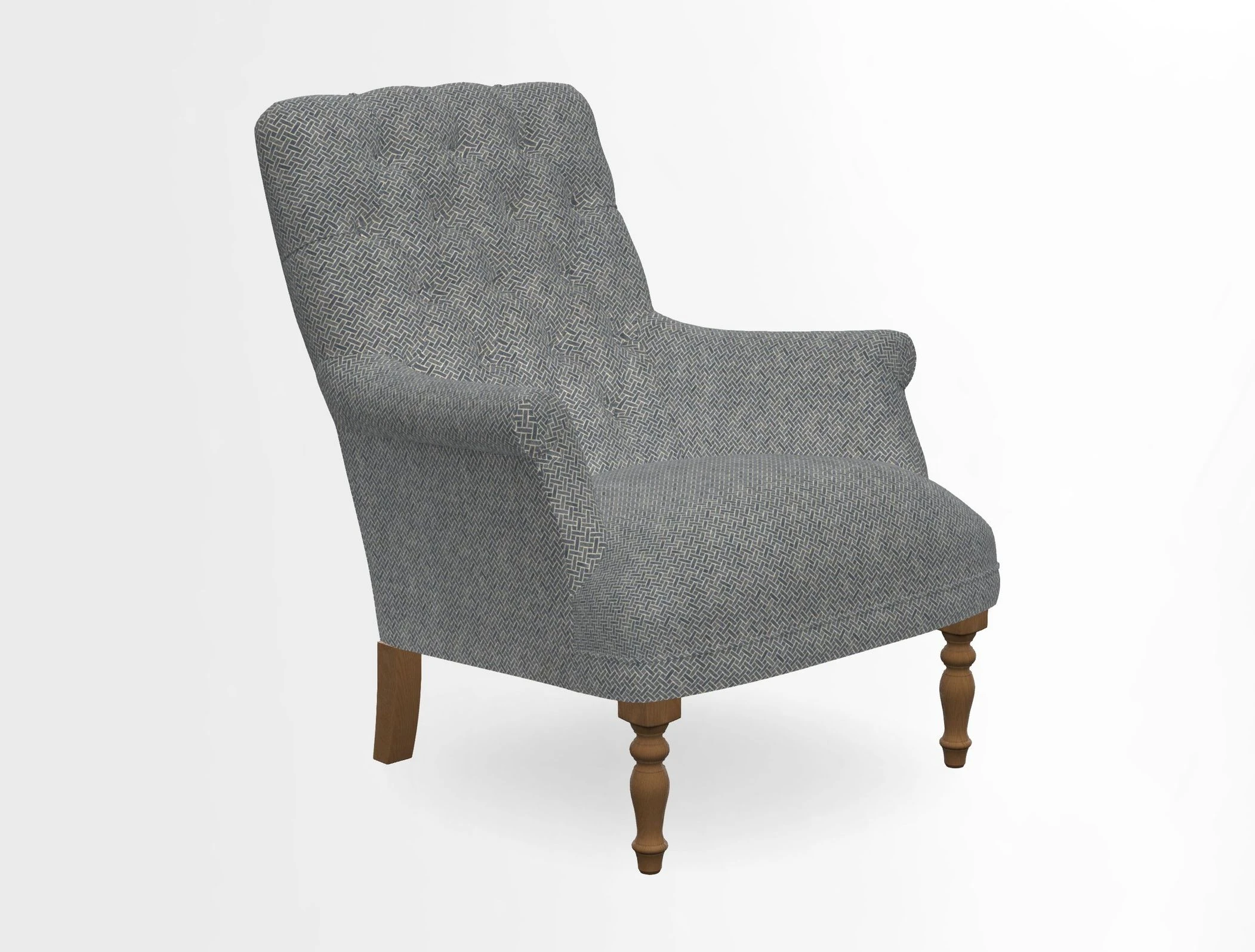 Snape Button Back chair in Spill Resistant V&A Bird & Rabbit Dark Green and Cube footstool in Spill Resistant RHS Etta's Stripe Ink