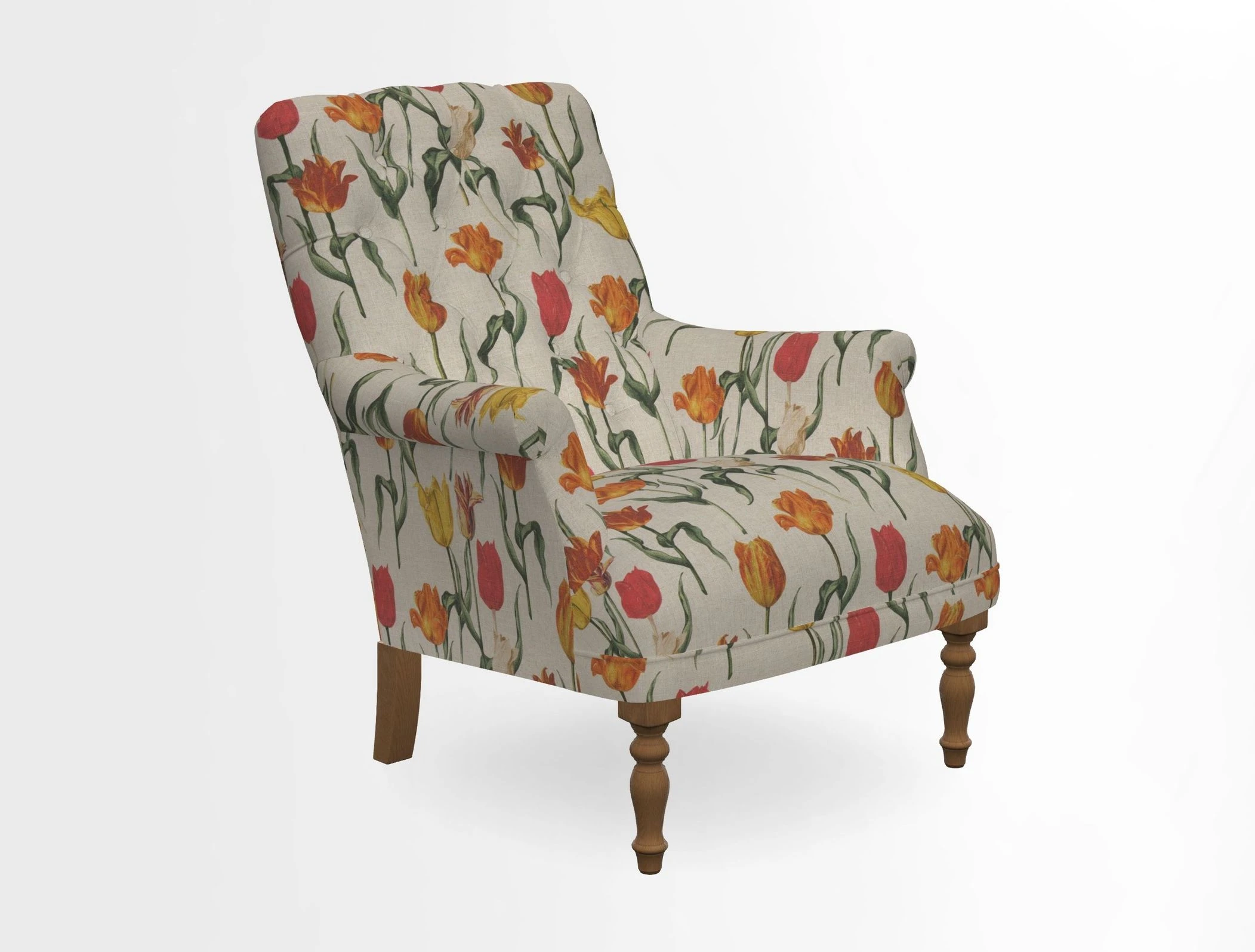 Snape Button Back chair in Spill Resistant V&A Bird & Rabbit Dark Green and Cube footstool in Spill Resistant RHS Etta's Stripe Ink