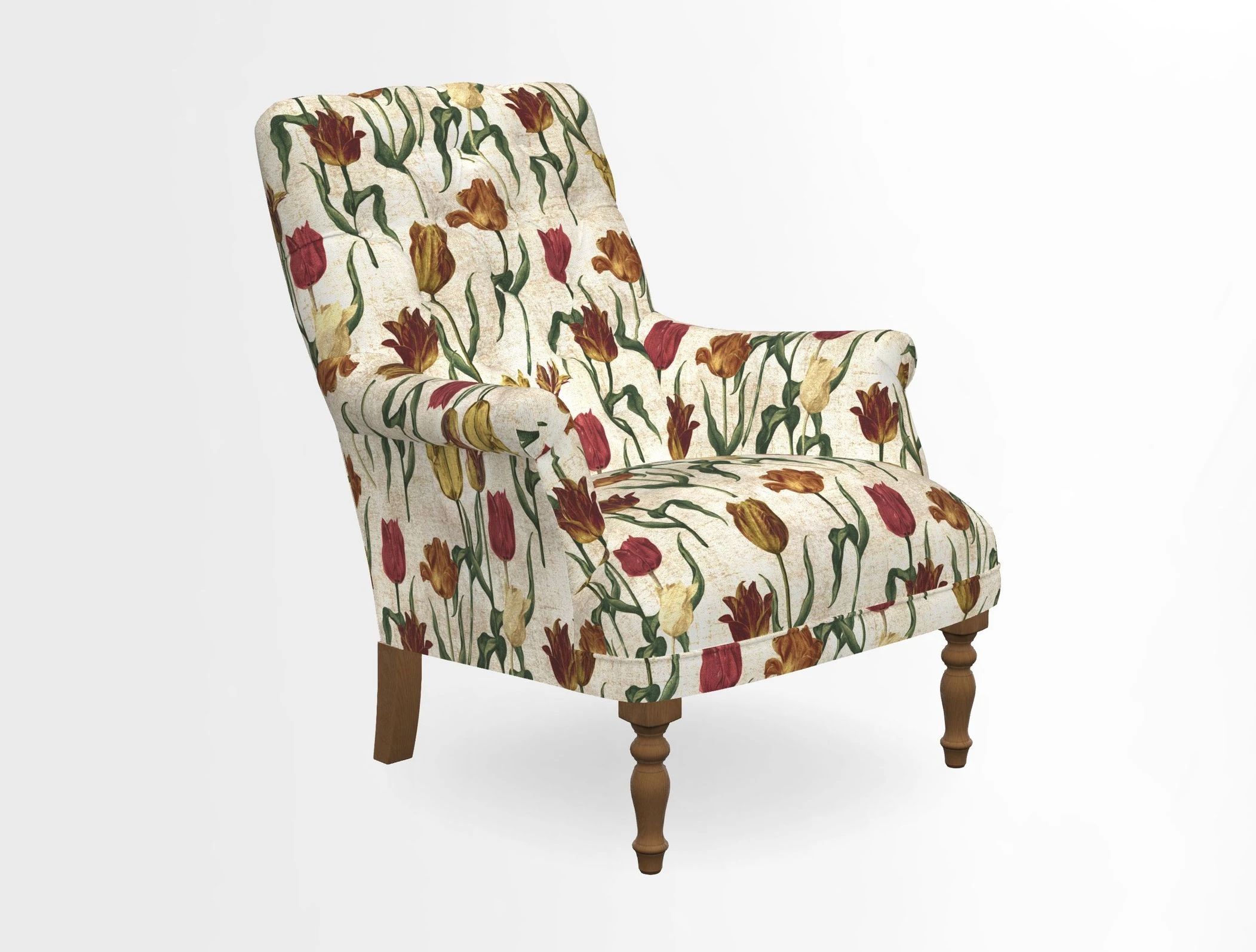 Snape Button Back chair in Spill Resistant V&A Bird & Rabbit Dark Green and Cube footstool in Spill Resistant RHS Etta's Stripe Ink