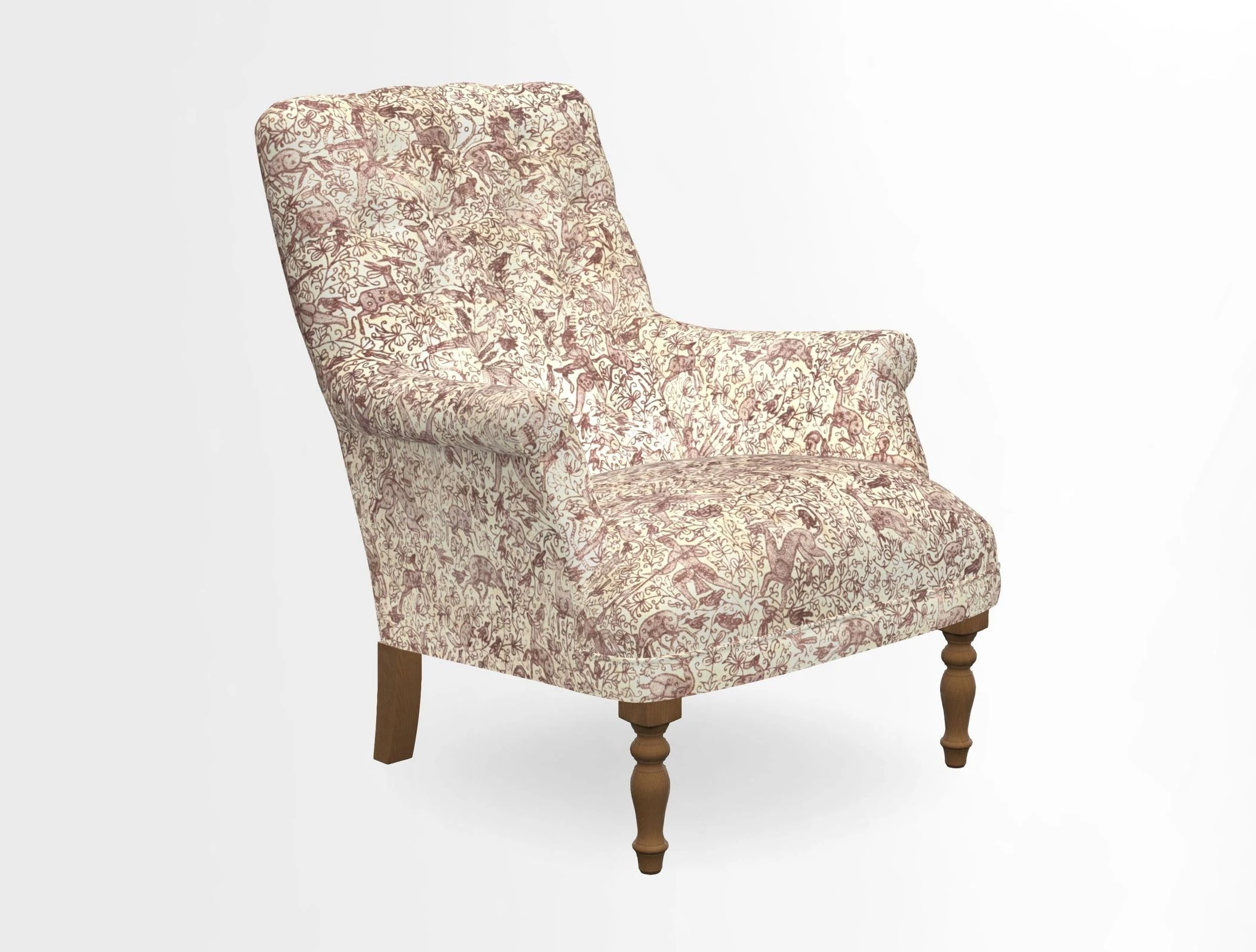 Snape Button Back chair in Spill Resistant V&A Bird & Rabbit Dark Green and Cube footstool in Spill Resistant RHS Etta's Stripe Ink