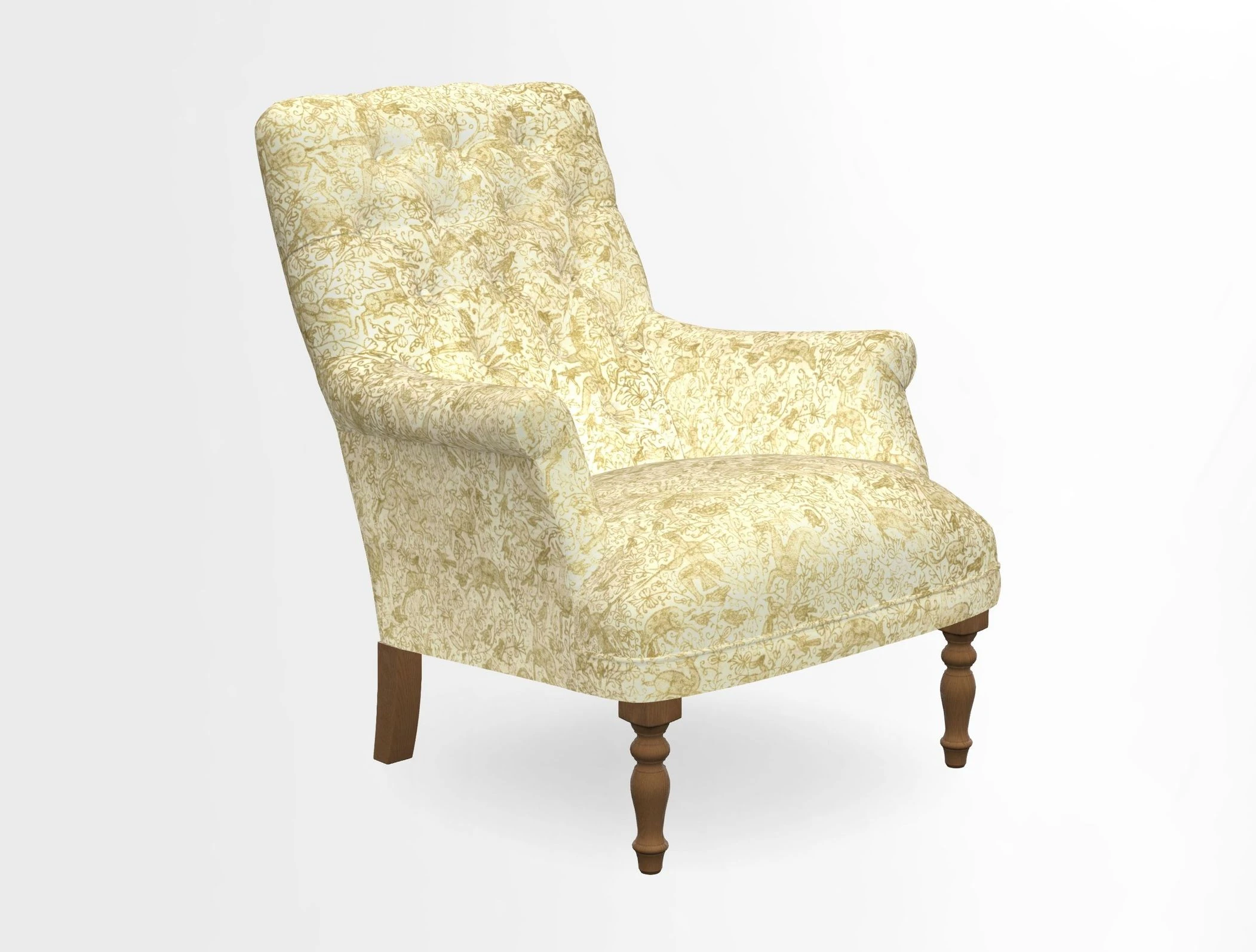 Snape Button Back chair in Spill Resistant V&A Bird & Rabbit Dark Green and Cube footstool in Spill Resistant RHS Etta's Stripe Ink
