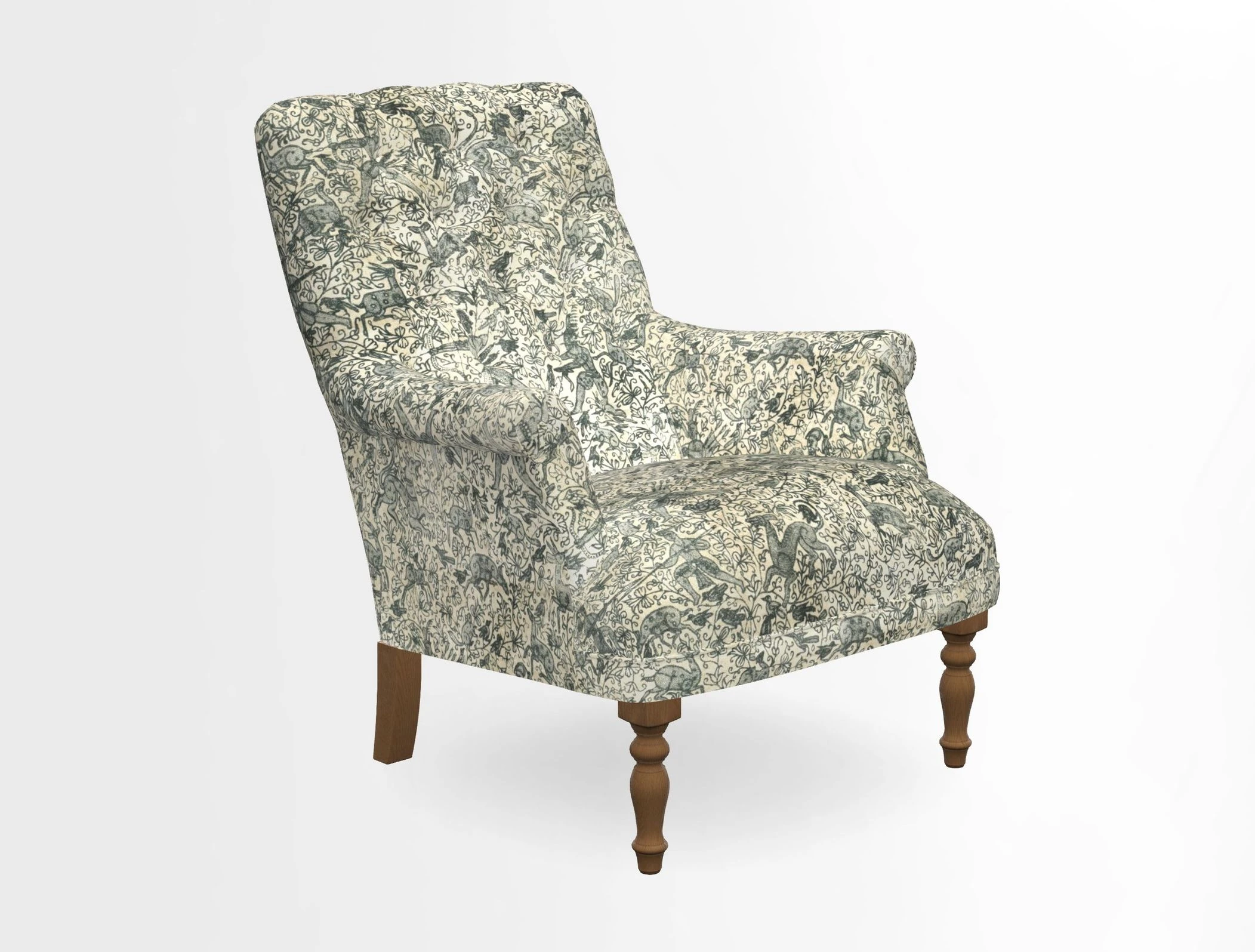 Snape Button Back chair in Spill Resistant V&A Bird & Rabbit Dark Green and Cube footstool in Spill Resistant RHS Etta's Stripe Ink