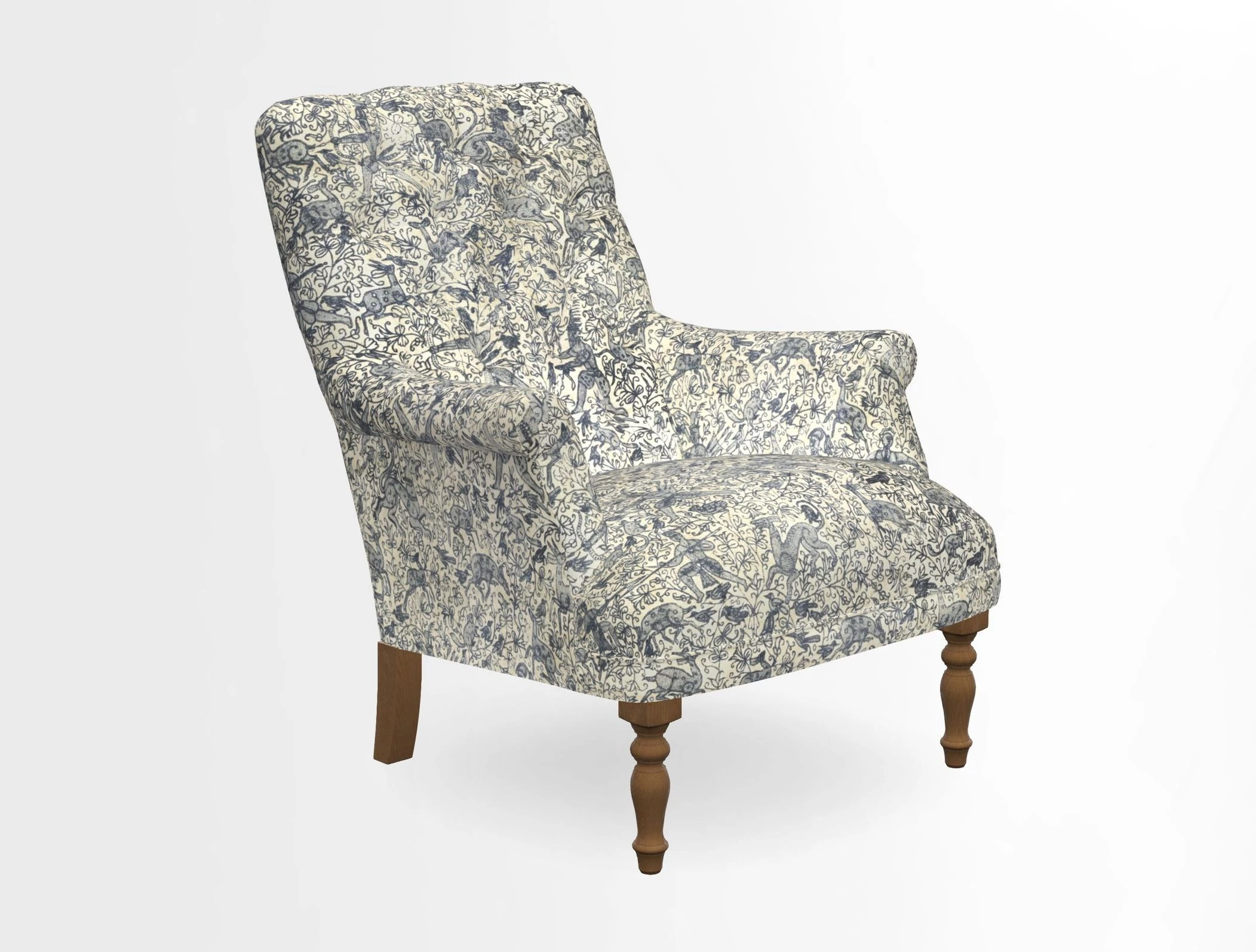 Snape Button Back chair in Spill Resistant V&A Bird & Rabbit Dark Green and Cube footstool in Spill Resistant RHS Etta's Stripe Ink