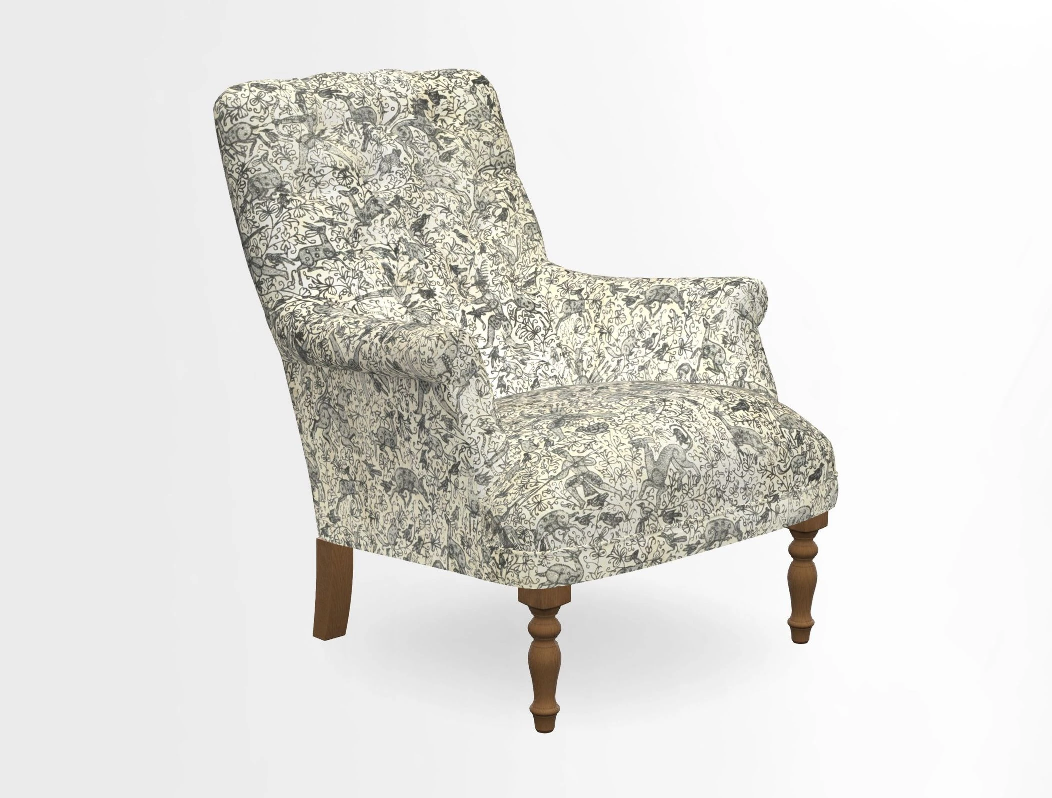 Snape Button Back chair in Spill Resistant V&A Bird & Rabbit Dark Green and Cube footstool in Spill Resistant RHS Etta's Stripe Ink
