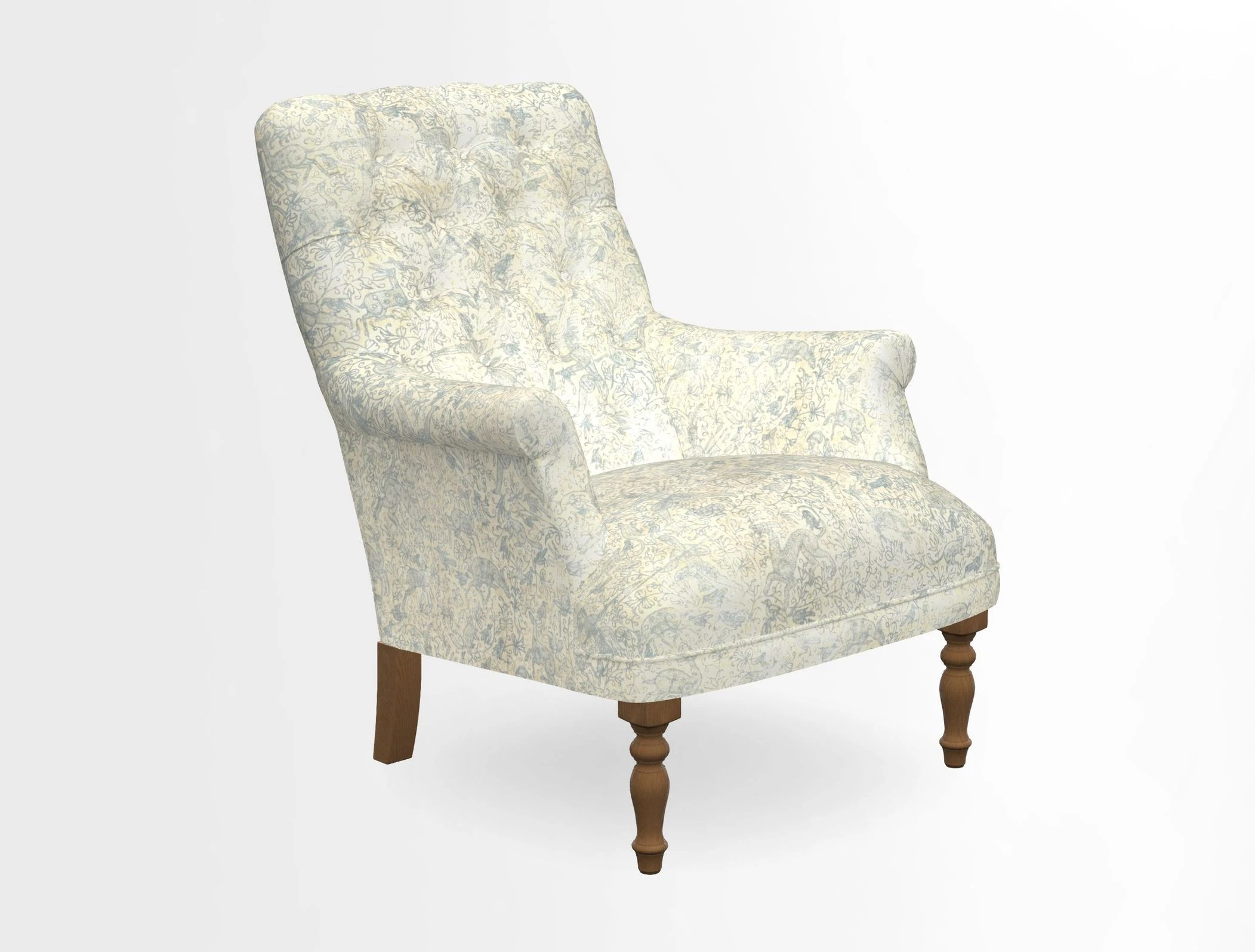 Snape Button Back chair in Spill Resistant V&A Bird & Rabbit Dark Green and Cube footstool in Spill Resistant RHS Etta's Stripe Ink