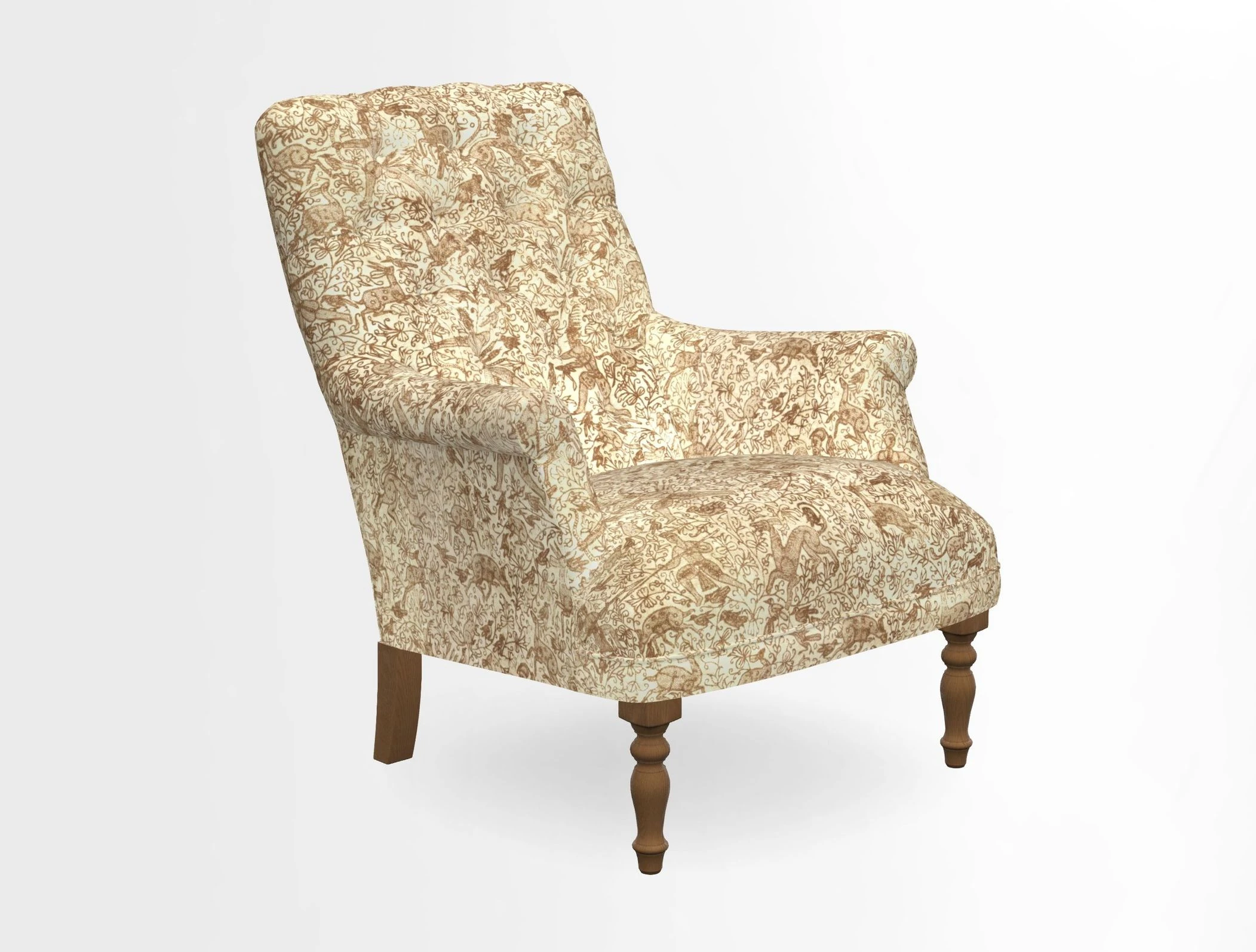 Snape Button Back chair in Spill Resistant V&A Bird & Rabbit Dark Green and Cube footstool in Spill Resistant RHS Etta's Stripe Ink