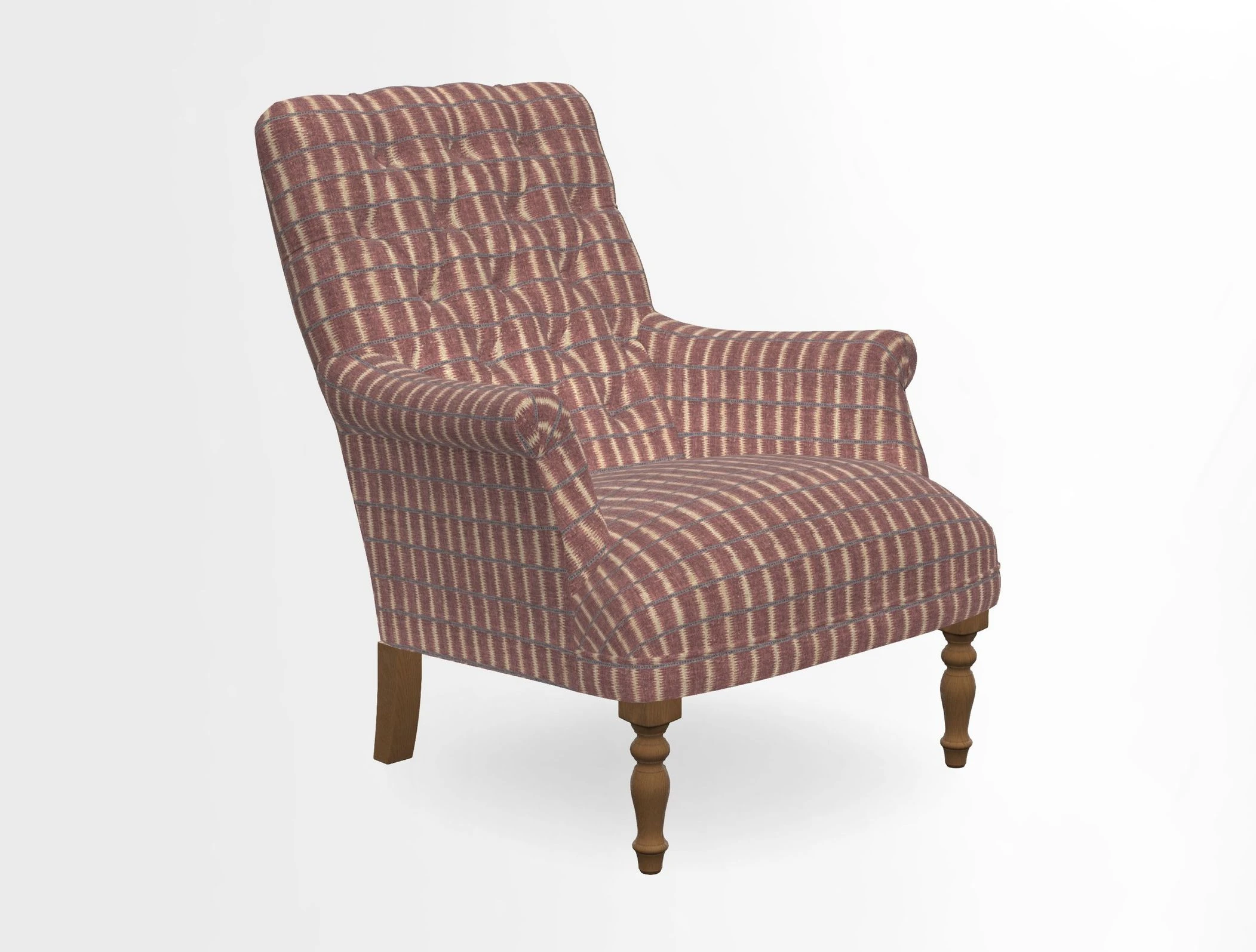 Snape Button Back chair in Spill Resistant V&A Bird & Rabbit Dark Green and Cube footstool in Spill Resistant RHS Etta's Stripe Ink