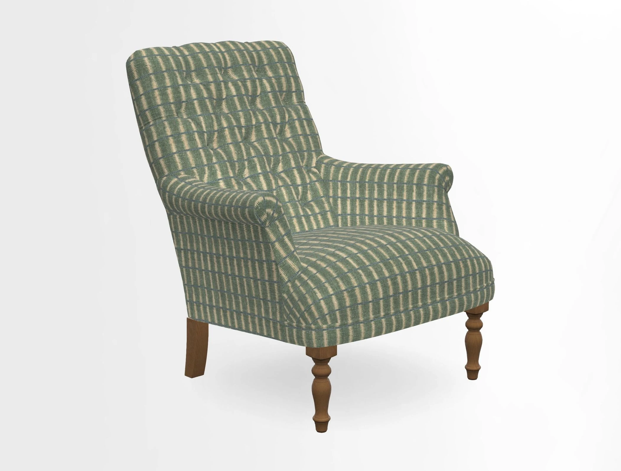 Snape Button Back chair in Spill Resistant V&A Bird & Rabbit Dark Green and Cube footstool in Spill Resistant RHS Etta's Stripe Ink