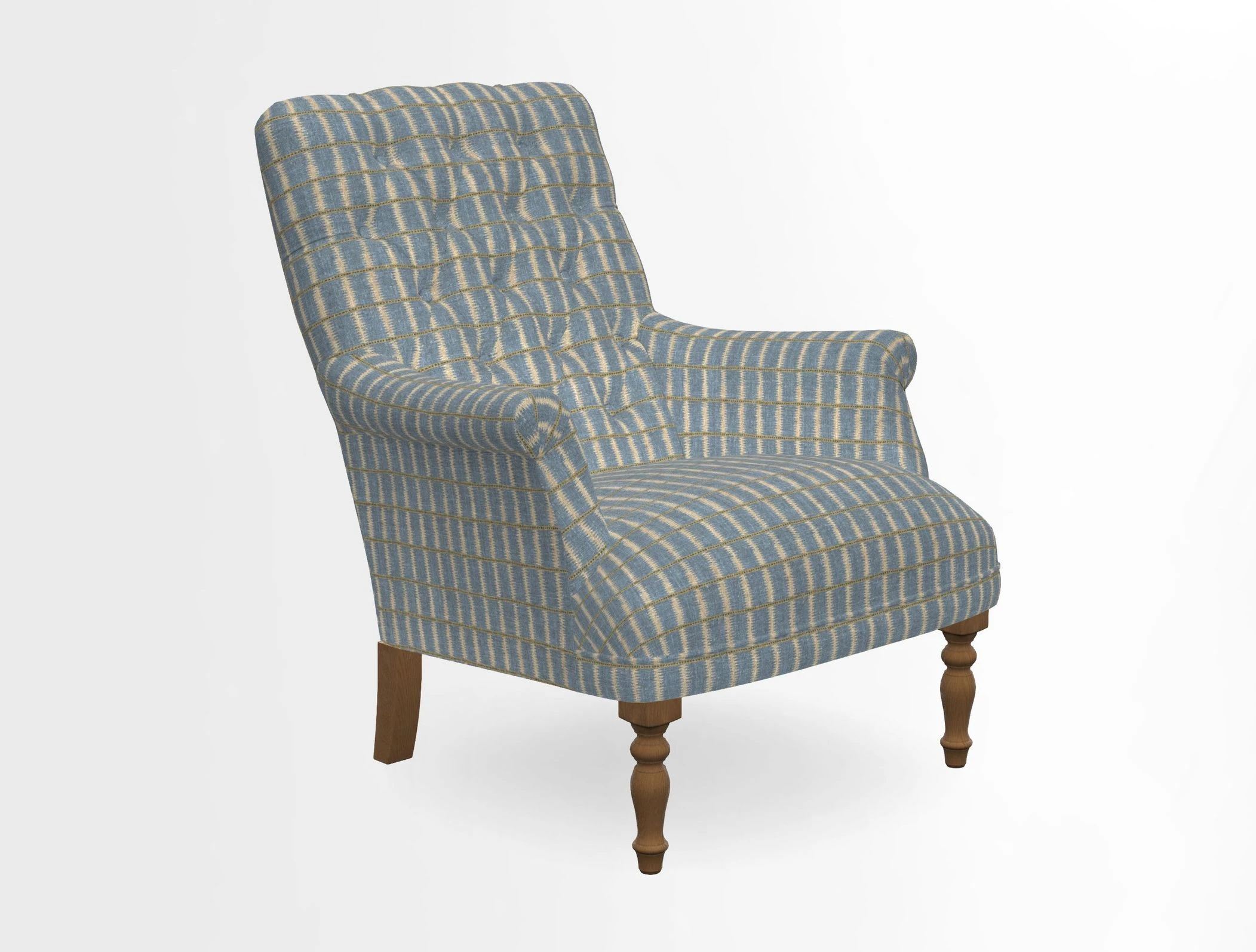Snape Button Back chair in Spill Resistant V&A Bird & Rabbit Dark Green and Cube footstool in Spill Resistant RHS Etta's Stripe Ink