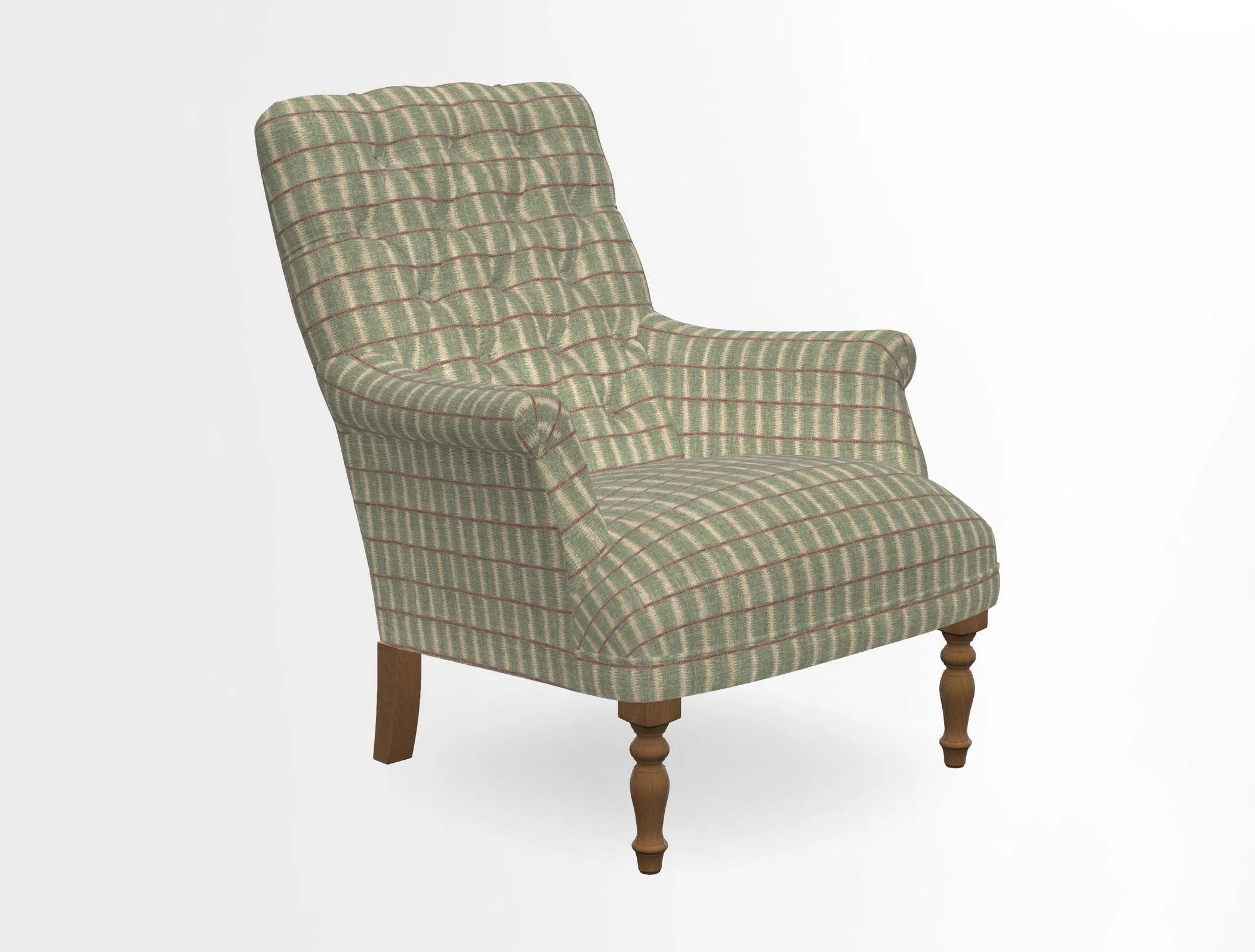Snape Button Back chair in Spill Resistant V&A Bird & Rabbit Dark Green and Cube footstool in Spill Resistant RHS Etta's Stripe Ink