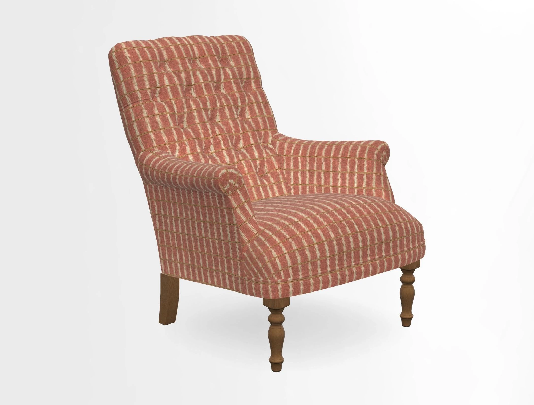 Snape Button Back chair in Spill Resistant V&A Bird & Rabbit Dark Green and Cube footstool in Spill Resistant RHS Etta's Stripe Ink