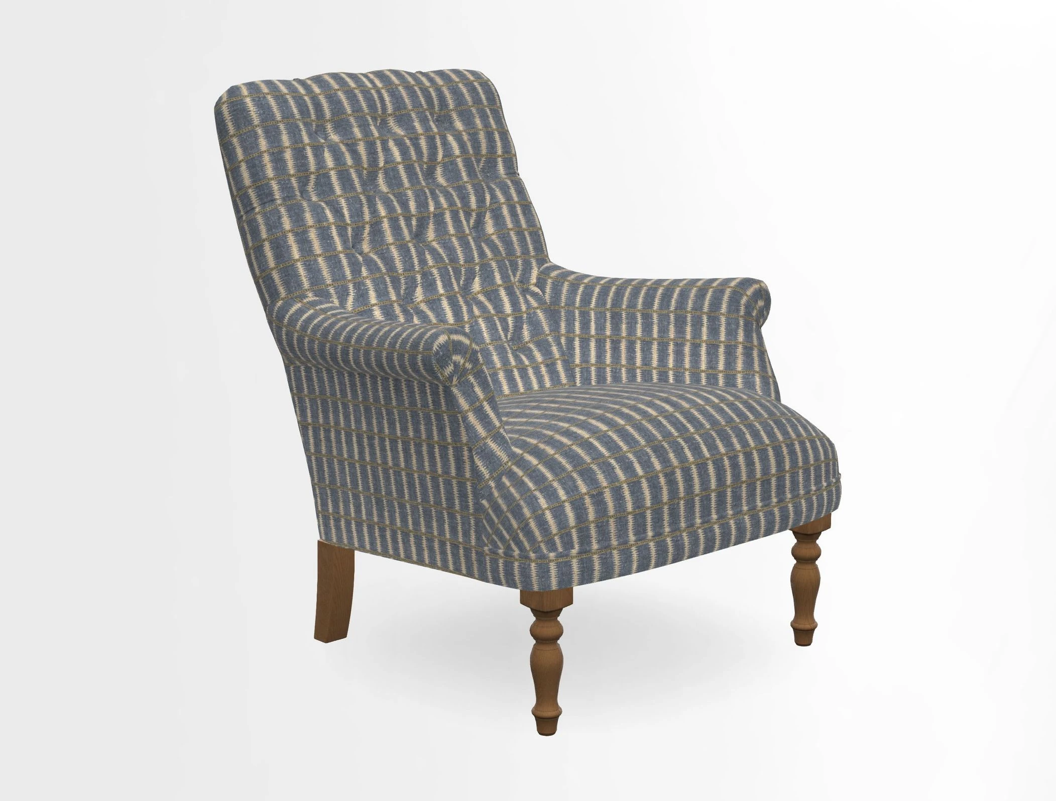 Snape Button Back chair in Spill Resistant V&A Bird & Rabbit Dark Green and Cube footstool in Spill Resistant RHS Etta's Stripe Ink