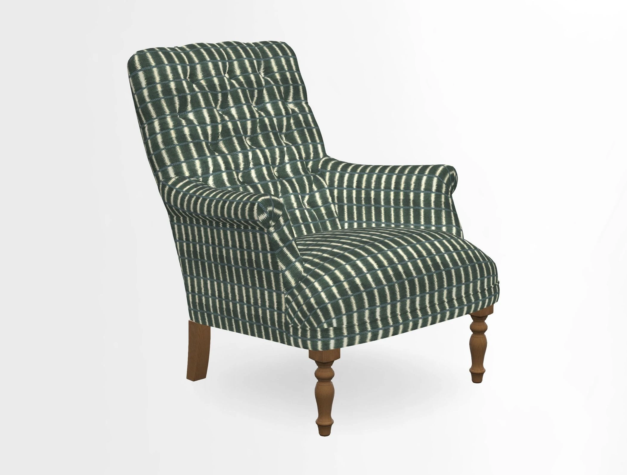 Snape Button Back chair in Spill Resistant V&A Bird & Rabbit Dark Green and Cube footstool in Spill Resistant RHS Etta's Stripe Ink