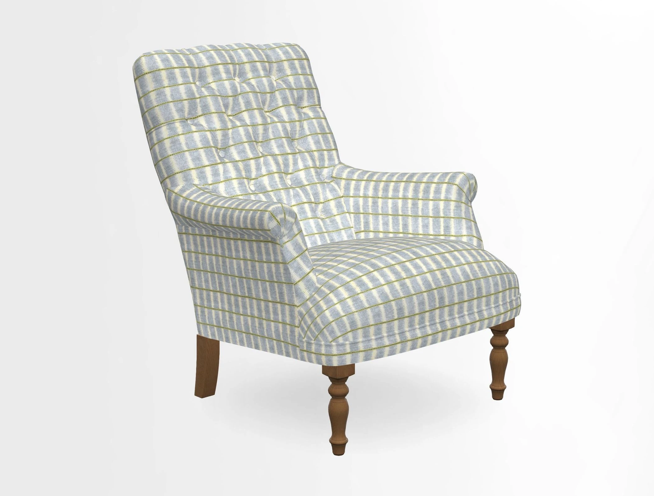 Snape Button Back chair in Spill Resistant V&A Bird & Rabbit Dark Green and Cube footstool in Spill Resistant RHS Etta's Stripe Ink