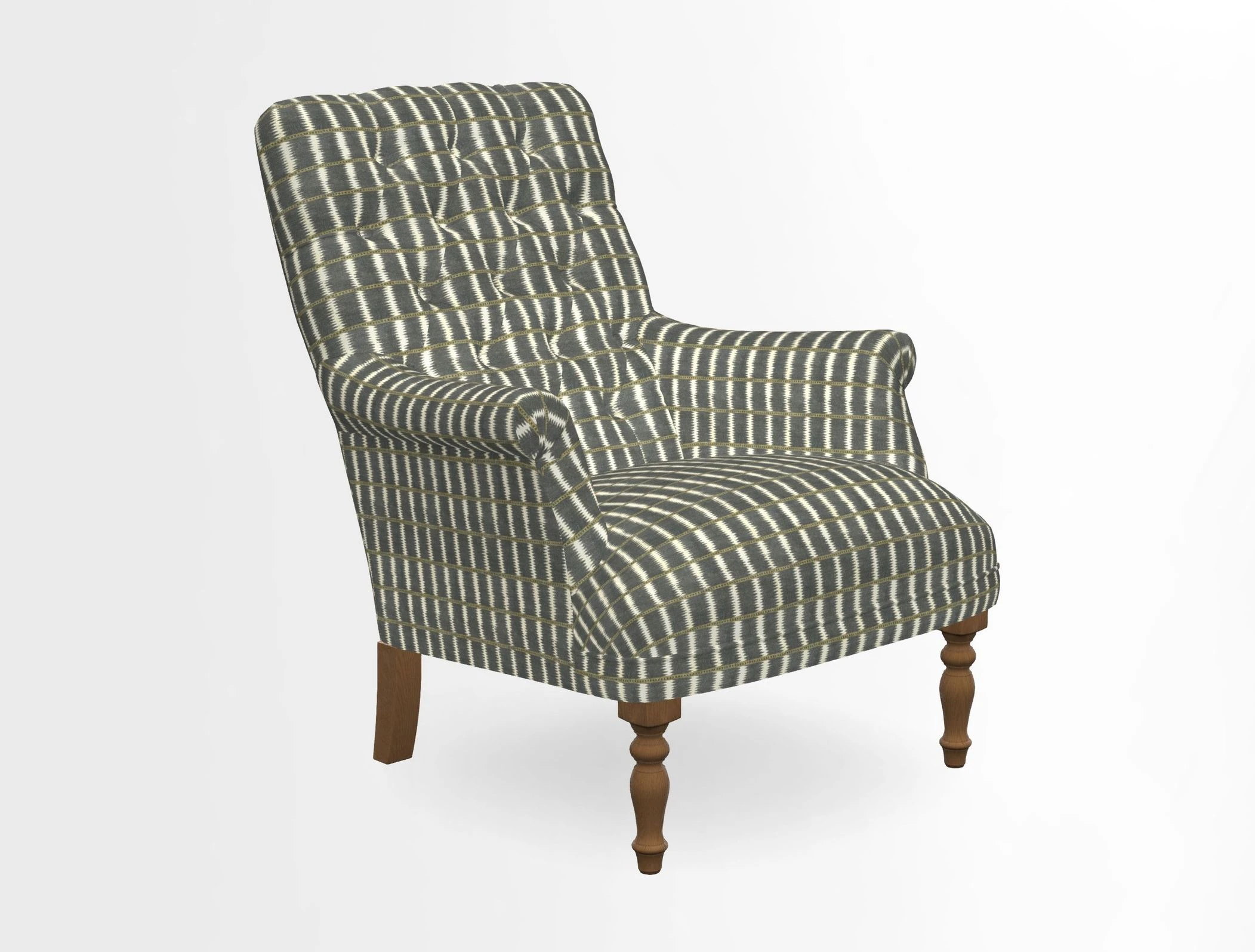 Snape Button Back chair in Spill Resistant V&A Bird & Rabbit Dark Green and Cube footstool in Spill Resistant RHS Etta's Stripe Ink