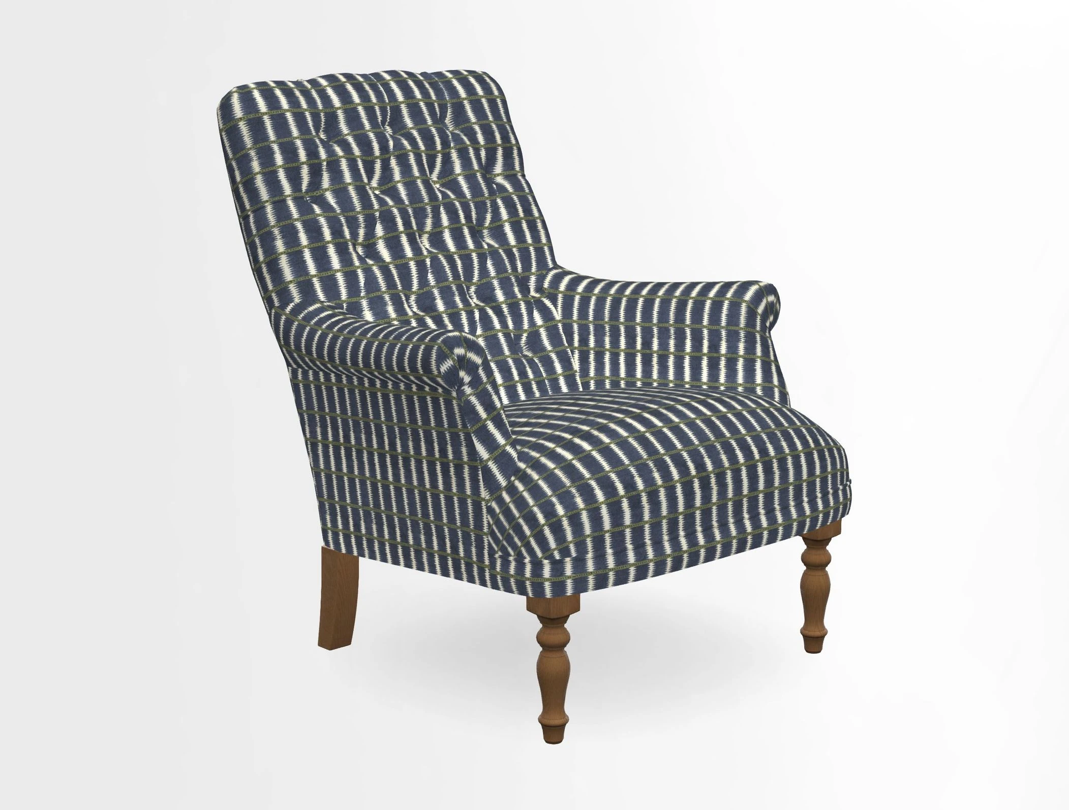 Snape Button Back chair in Spill Resistant V&A Bird & Rabbit Dark Green and Cube footstool in Spill Resistant RHS Etta's Stripe Ink