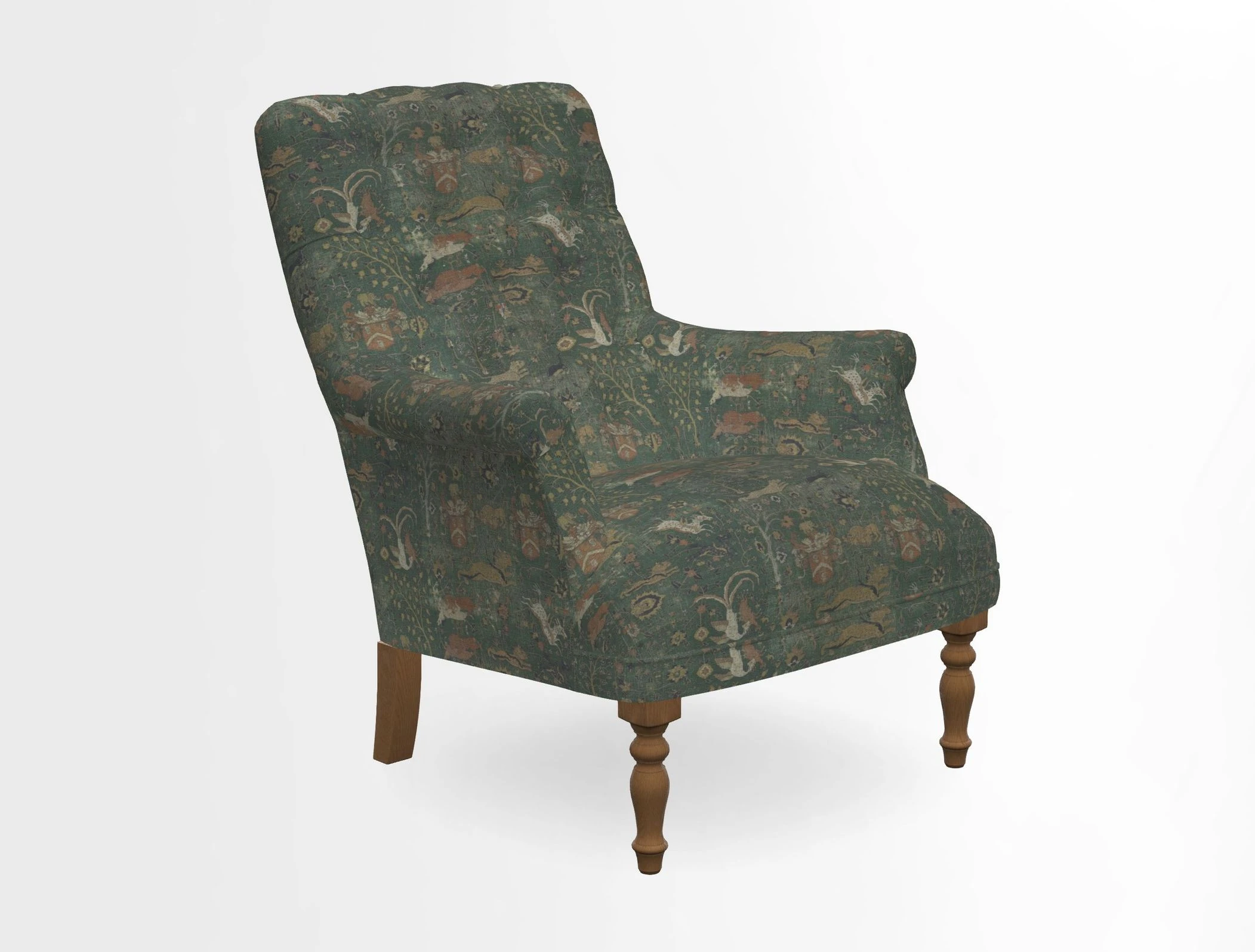 Snape Button Back chair in Spill Resistant V&A Bird & Rabbit Dark Green and Cube footstool in Spill Resistant RHS Etta's Stripe Ink