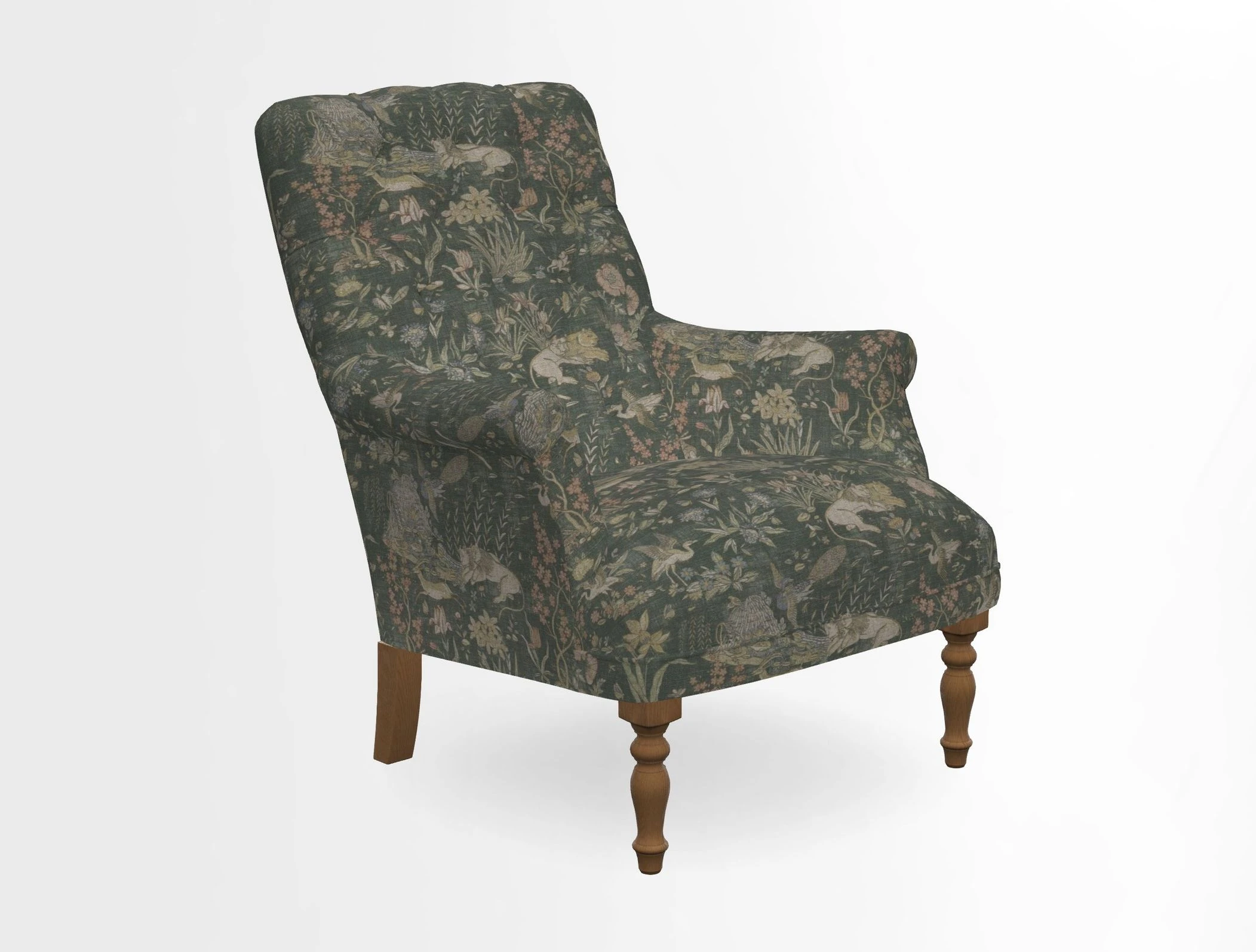Snape Button Back chair in Spill Resistant V&A Bird & Rabbit Dark Green and Cube footstool in Spill Resistant RHS Etta's Stripe Ink