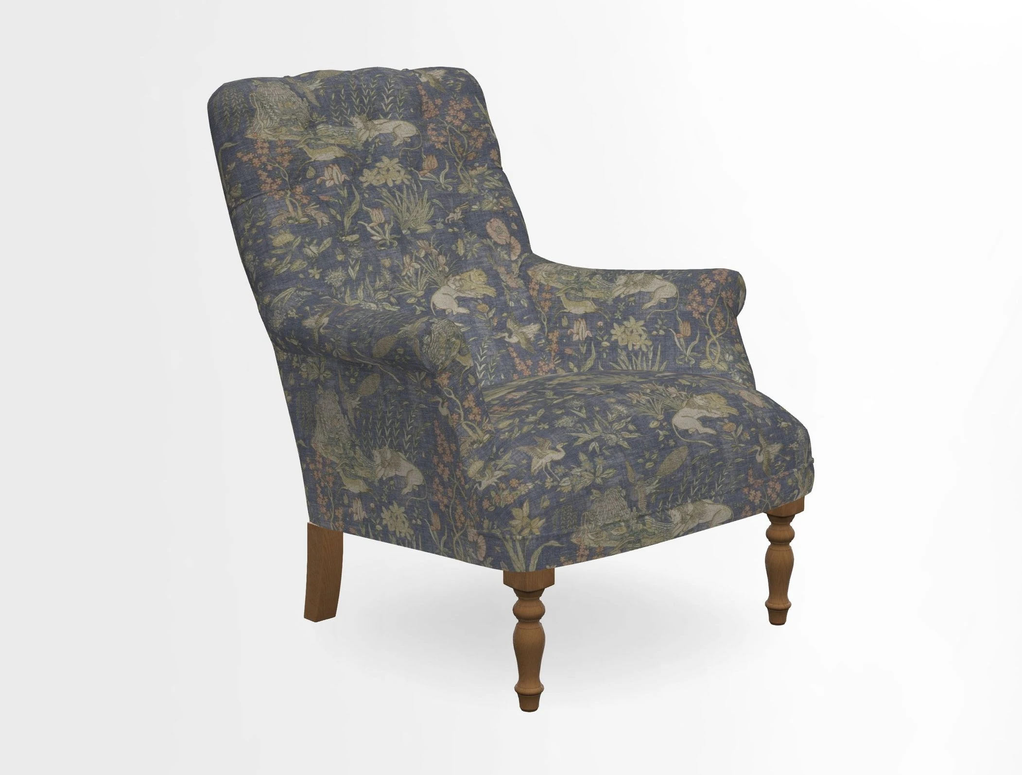 Snape Button Back chair in Spill Resistant V&A Bird & Rabbit Dark Green and Cube footstool in Spill Resistant RHS Etta's Stripe Ink