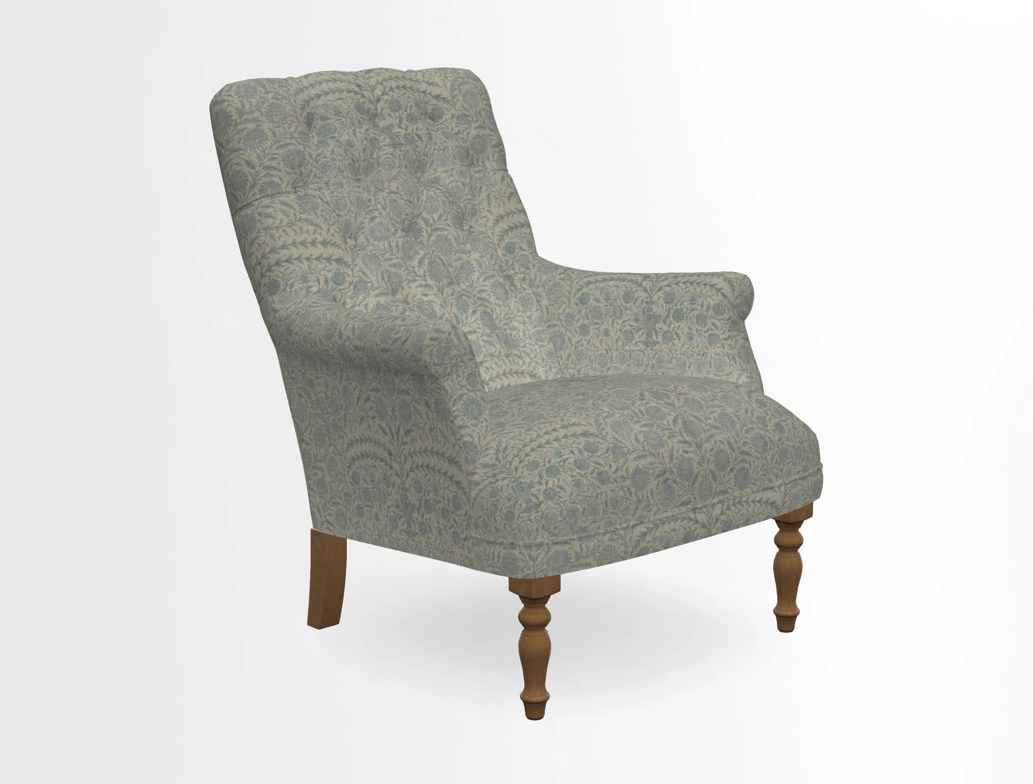 Snape Button Back chair in Spill Resistant V&A Bird & Rabbit Dark Green and Cube footstool in Spill Resistant RHS Etta's Stripe Ink