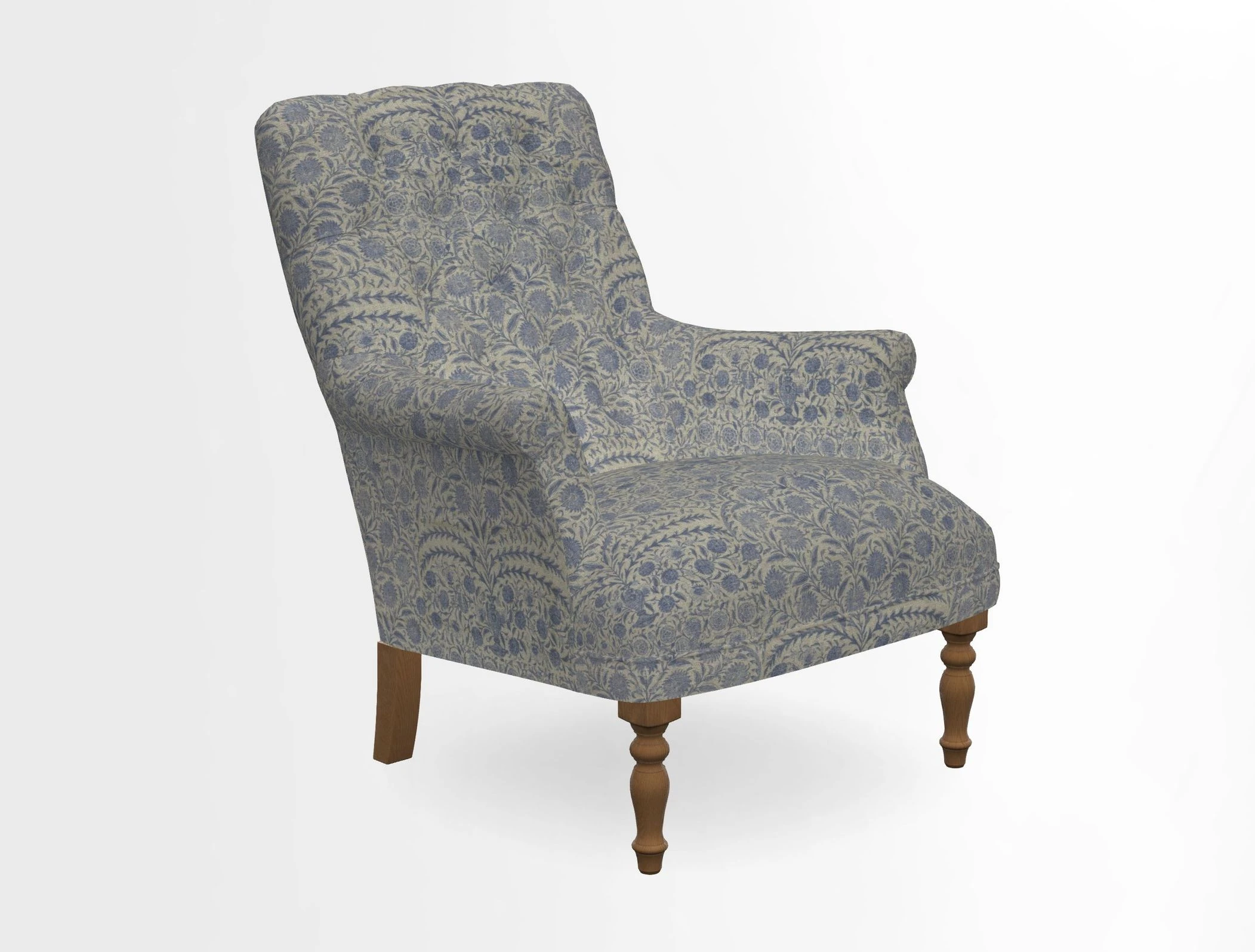 Snape Button Back chair in Spill Resistant V&A Bird & Rabbit Dark Green and Cube footstool in Spill Resistant RHS Etta's Stripe Ink