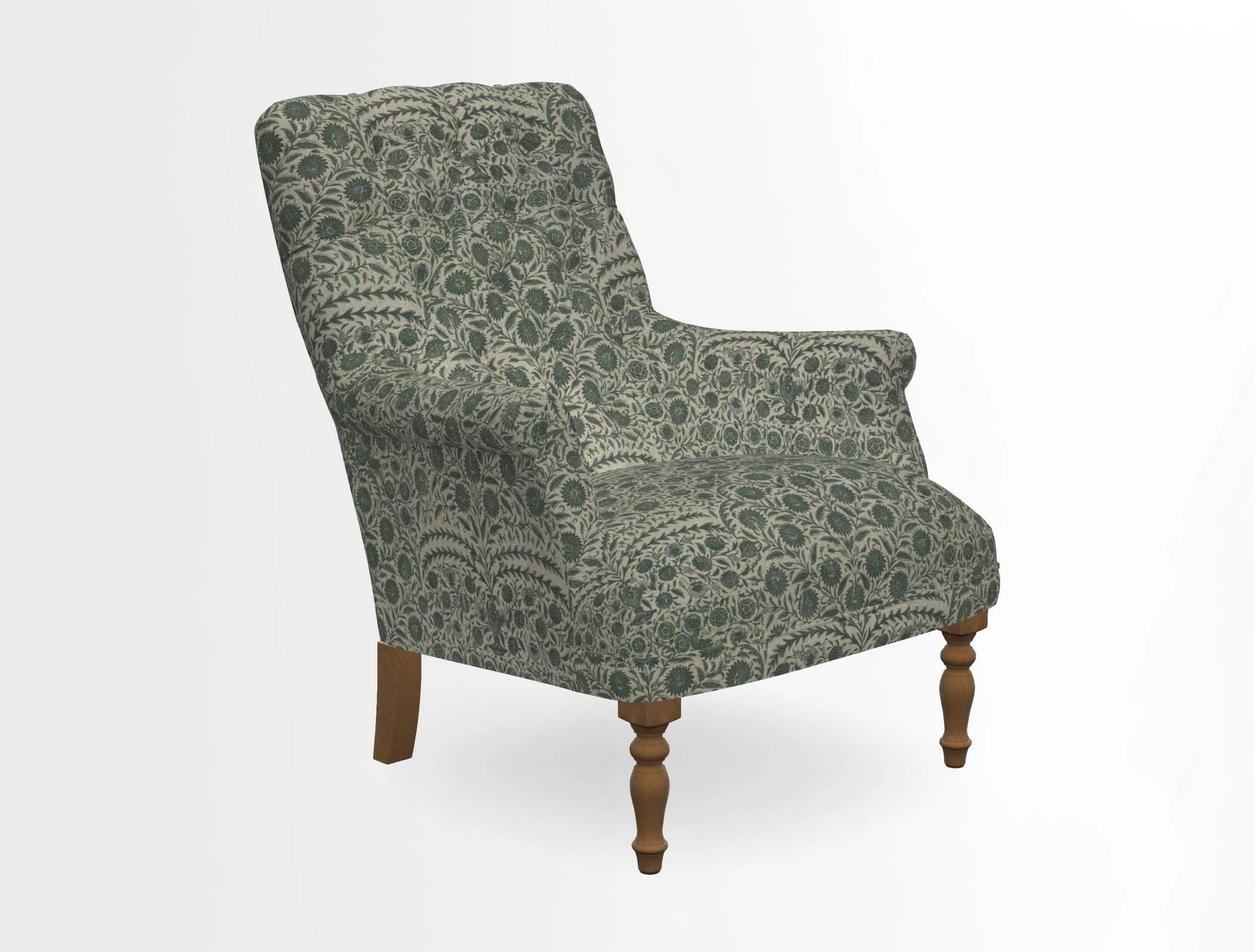 Snape Button Back chair in Spill Resistant V&A Bird & Rabbit Dark Green and Cube footstool in Spill Resistant RHS Etta's Stripe Ink