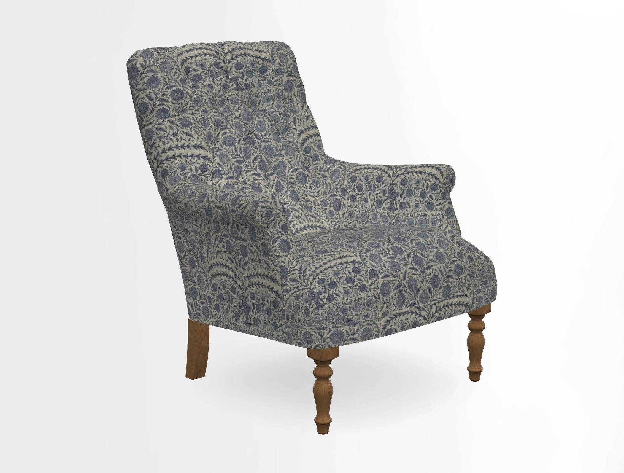 Snape Button Back chair in Spill Resistant V&A Bird & Rabbit Dark Green and Cube footstool in Spill Resistant RHS Etta's Stripe Ink