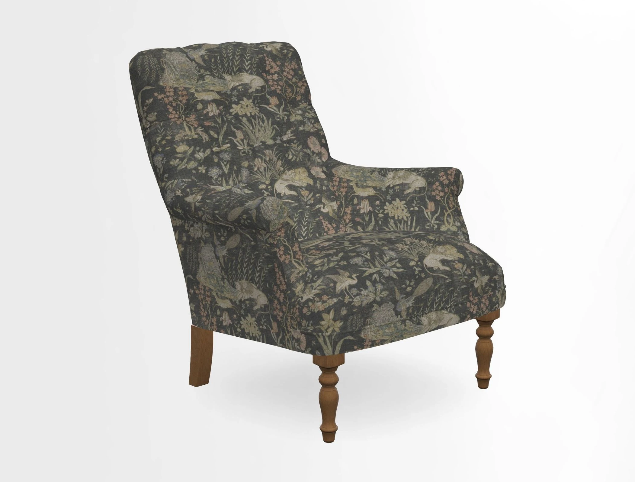 Snape Button Back chair in Spill Resistant V&A Bird & Rabbit Dark Green and Cube footstool in Spill Resistant RHS Etta's Stripe Ink