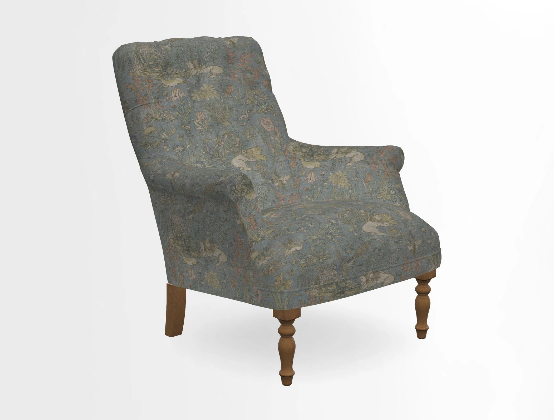Snape Button Back chair in Spill Resistant V&A Bird & Rabbit Dark Green and Cube footstool in Spill Resistant RHS Etta's Stripe Ink