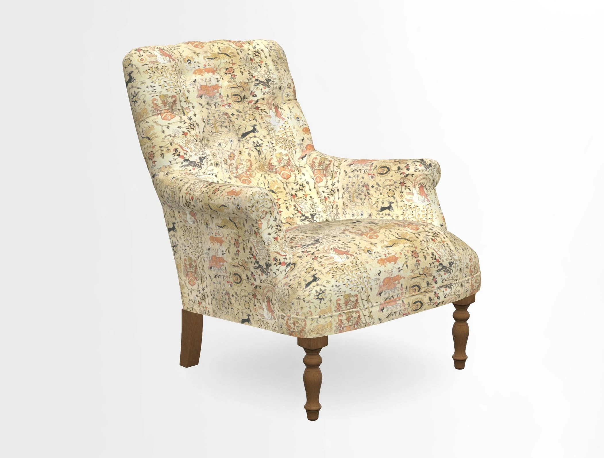 Snape Button Back chair in Spill Resistant V&A Bird & Rabbit Dark Green and Cube footstool in Spill Resistant RHS Etta's Stripe Ink
