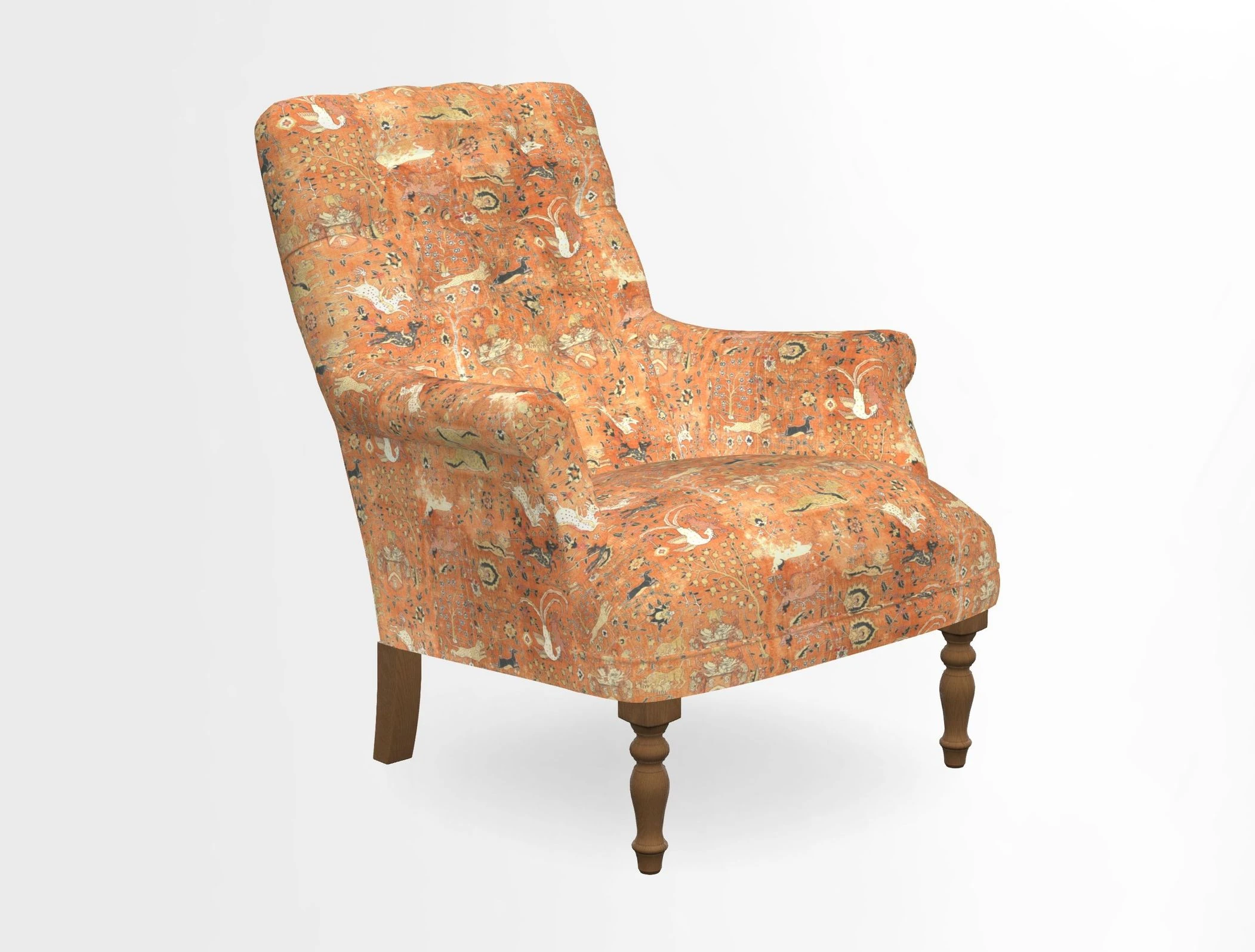 Snape Button Back chair in Spill Resistant V&A Bird & Rabbit Dark Green and Cube footstool in Spill Resistant RHS Etta's Stripe Ink