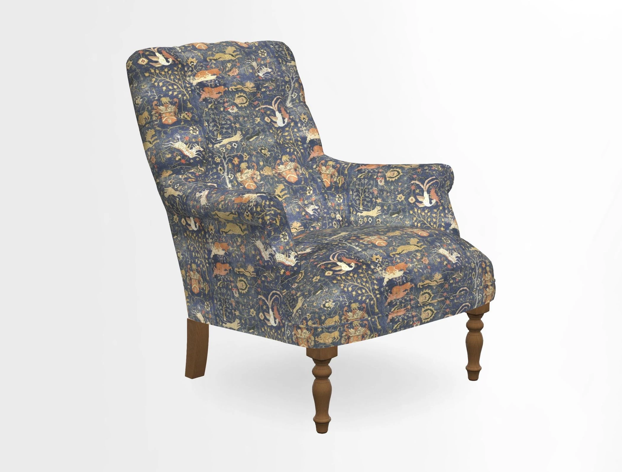 Snape Button Back chair in Spill Resistant V&A Bird & Rabbit Dark Green and Cube footstool in Spill Resistant RHS Etta's Stripe Ink