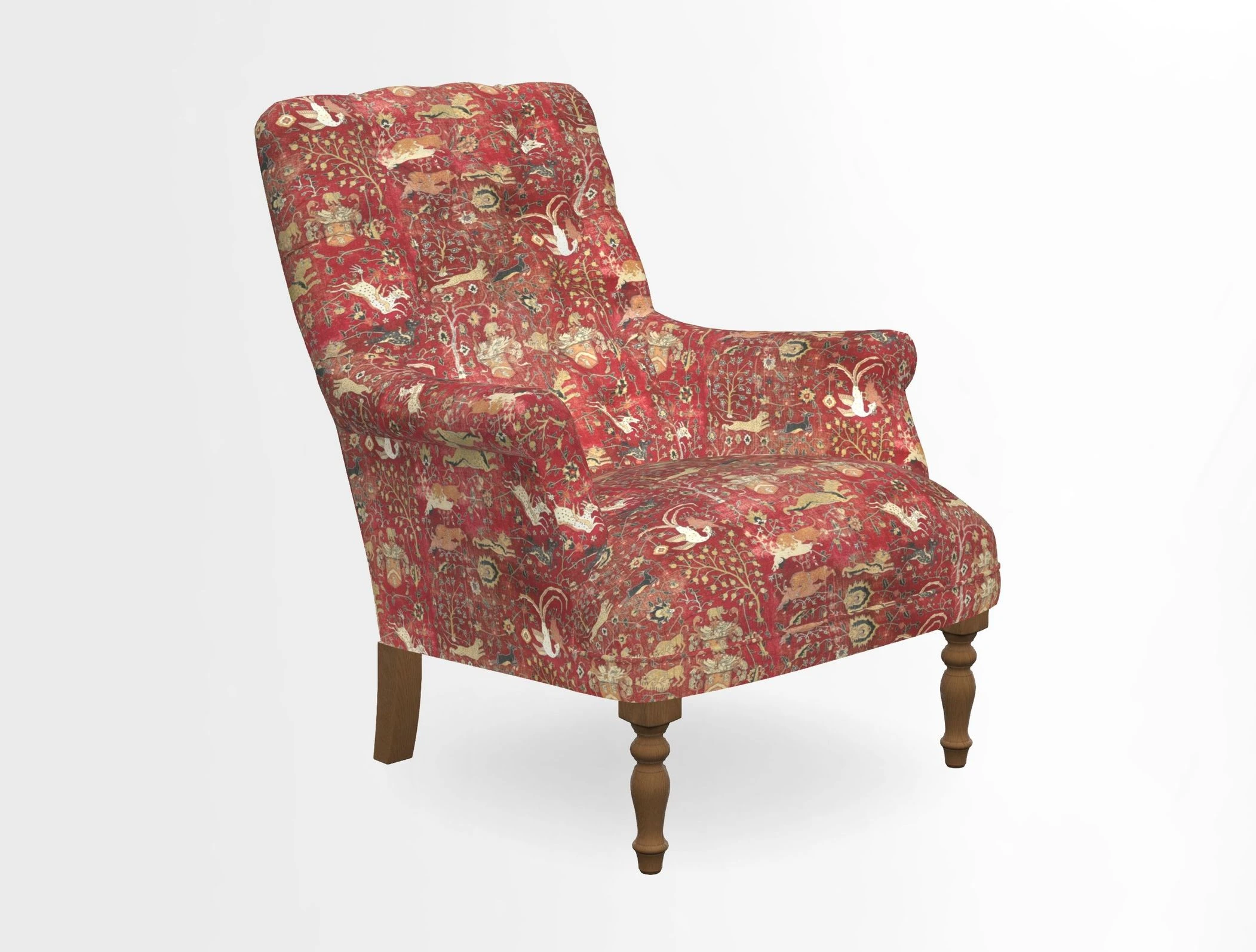 Snape Button Back chair in Spill Resistant V&A Bird & Rabbit Dark Green and Cube footstool in Spill Resistant RHS Etta's Stripe Ink