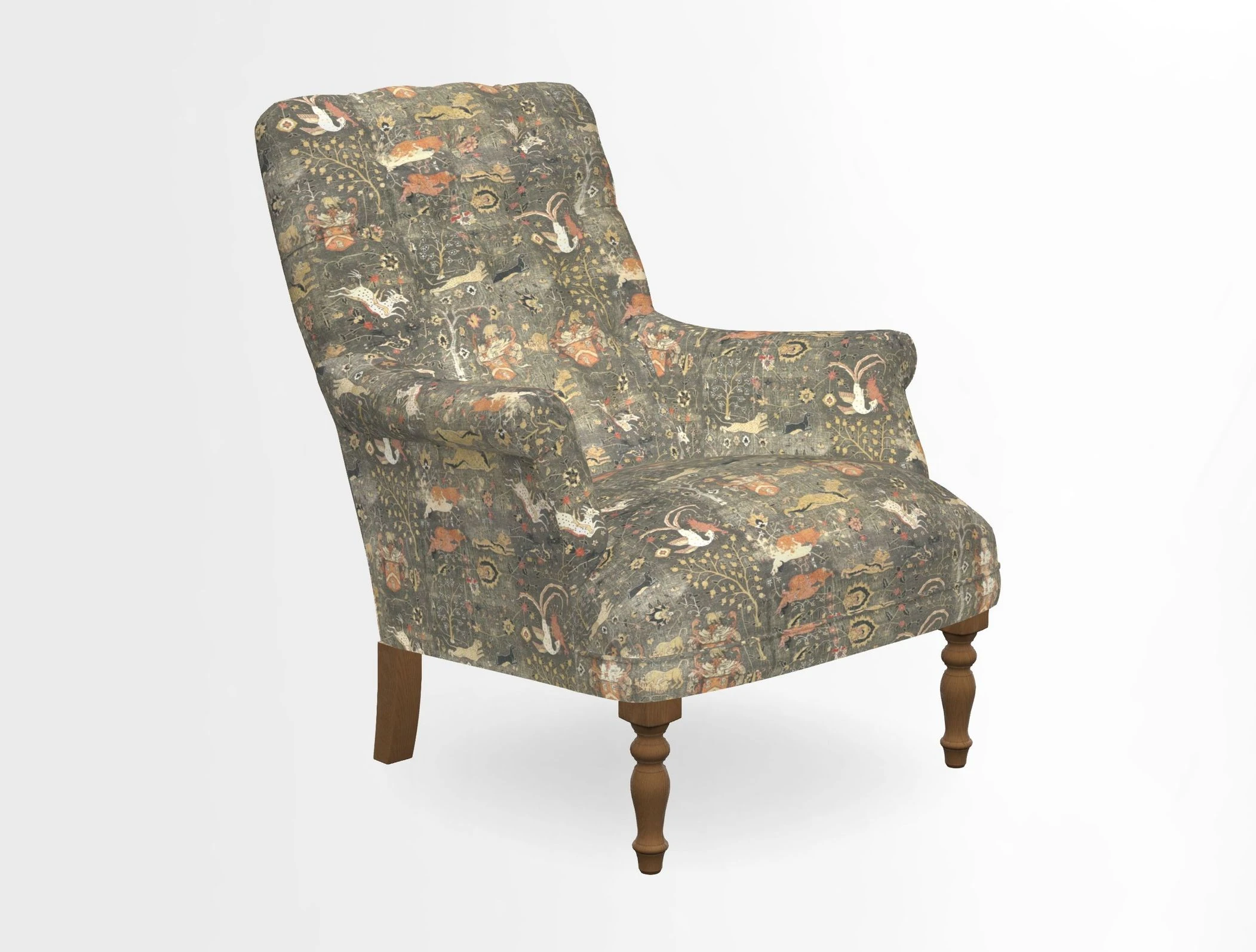 Snape Button Back chair in Spill Resistant V&A Bird & Rabbit Dark Green and Cube footstool in Spill Resistant RHS Etta's Stripe Ink