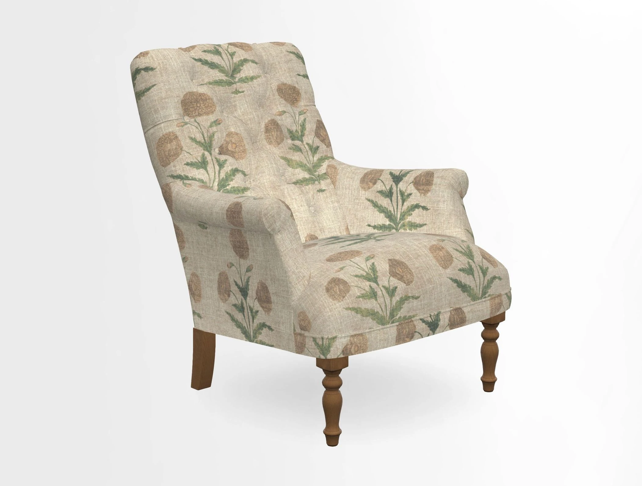 Snape Button Back chair in Spill Resistant V&A Bird & Rabbit Dark Green and Cube footstool in Spill Resistant RHS Etta's Stripe Ink