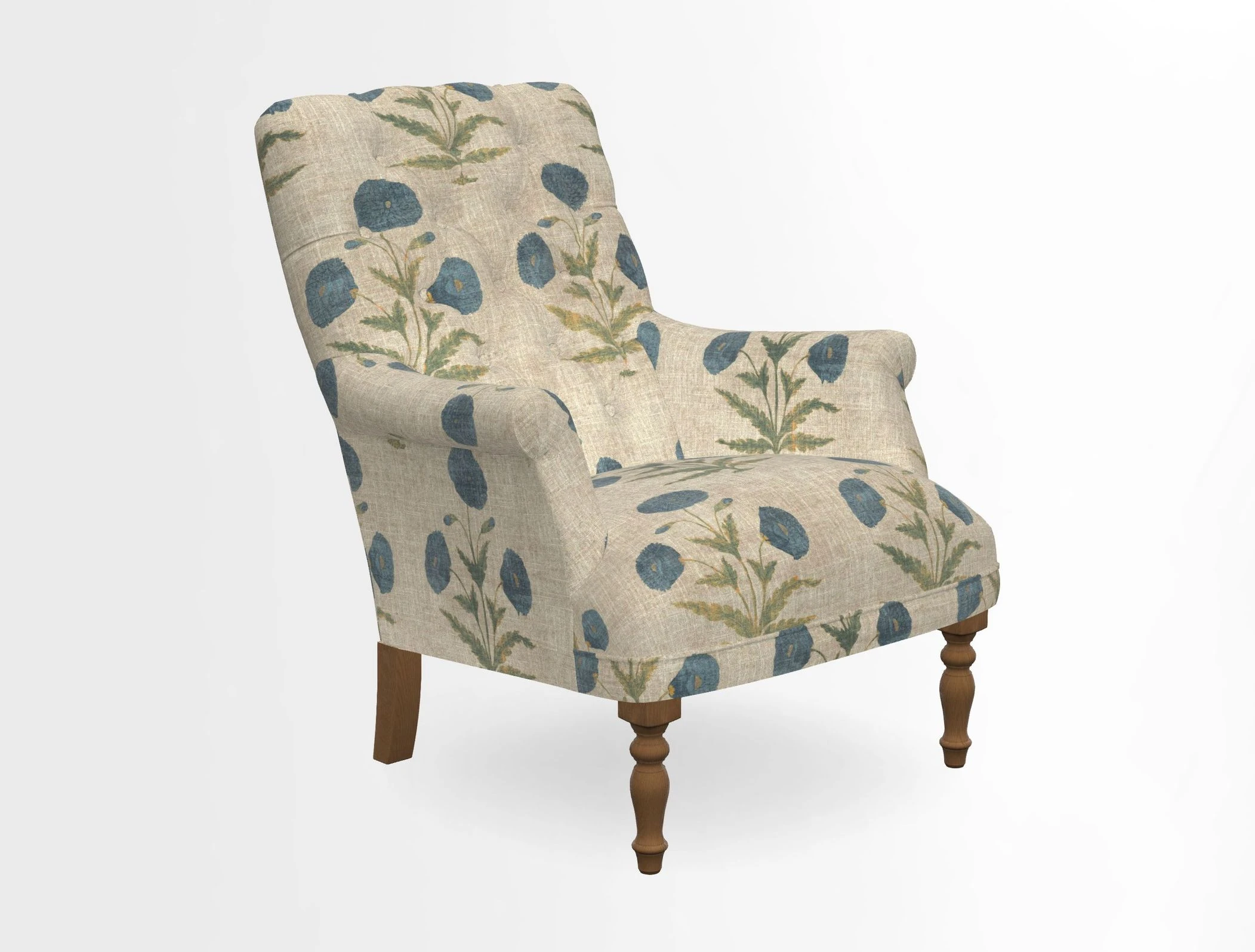 Snape Button Back chair in Spill Resistant V&A Bird & Rabbit Dark Green and Cube footstool in Spill Resistant RHS Etta's Stripe Ink