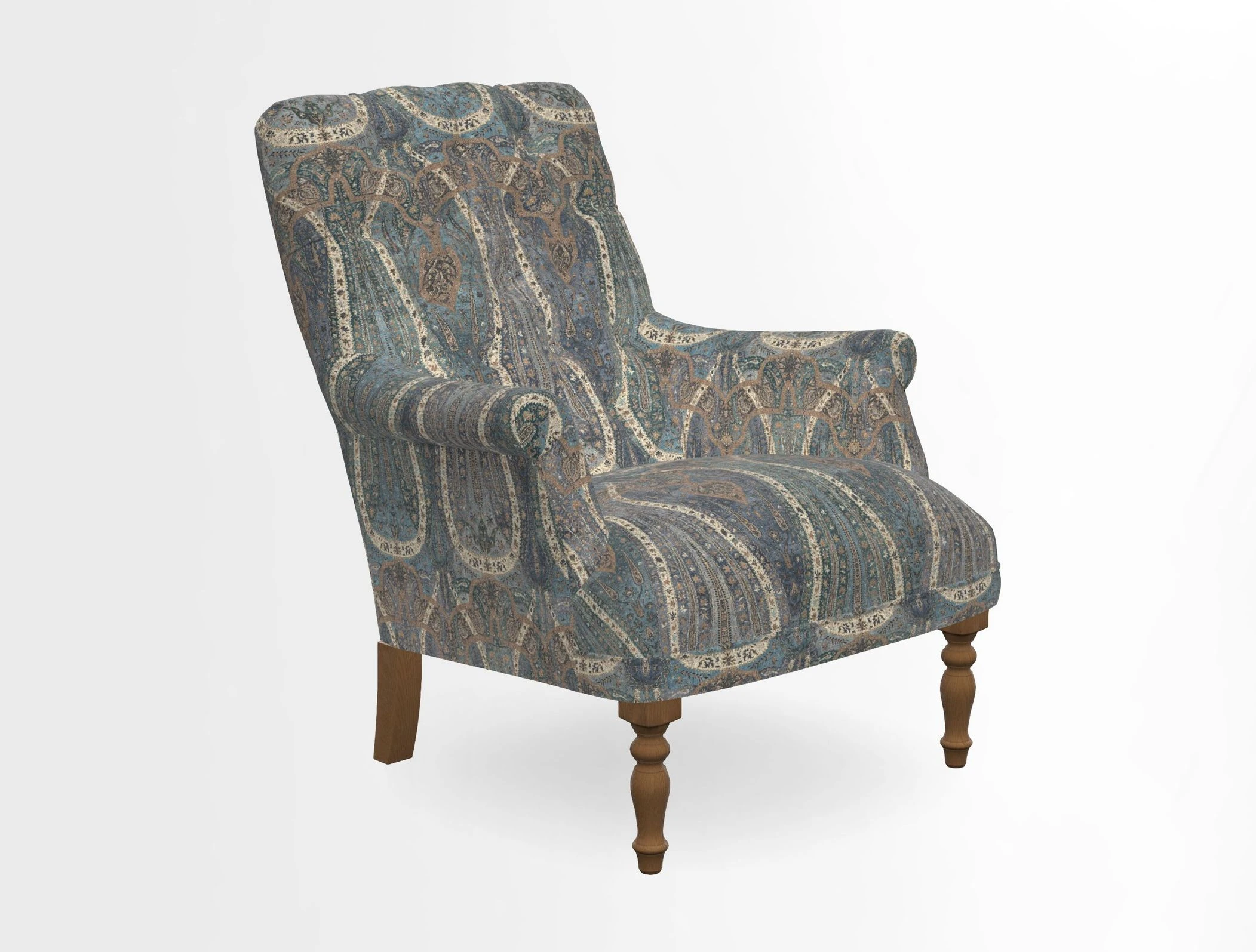 Snape Button Back chair in Spill Resistant V&A Bird & Rabbit Dark Green and Cube footstool in Spill Resistant RHS Etta's Stripe Ink