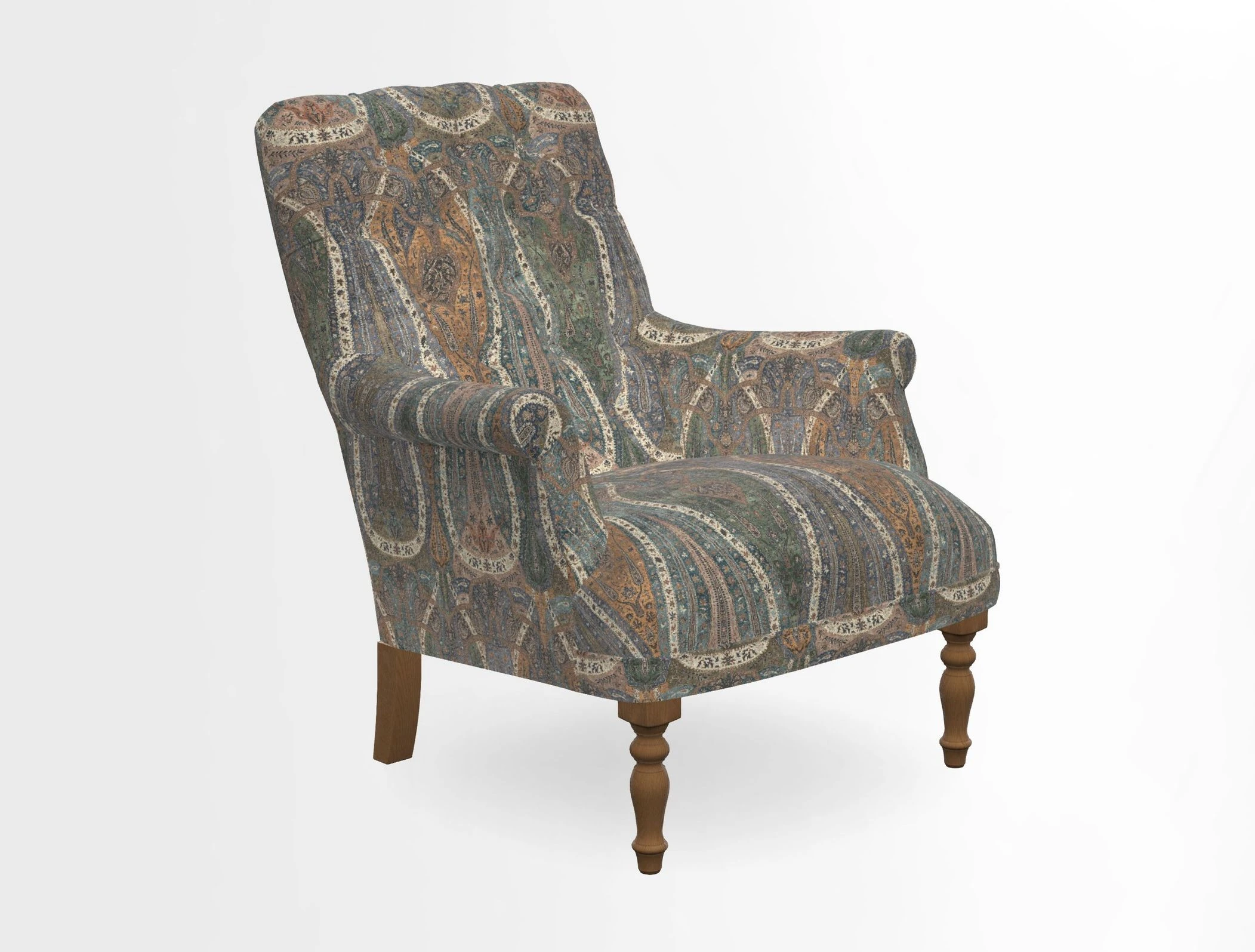 Snape Button Back chair in Spill Resistant V&A Bird & Rabbit Dark Green and Cube footstool in Spill Resistant RHS Etta's Stripe Ink