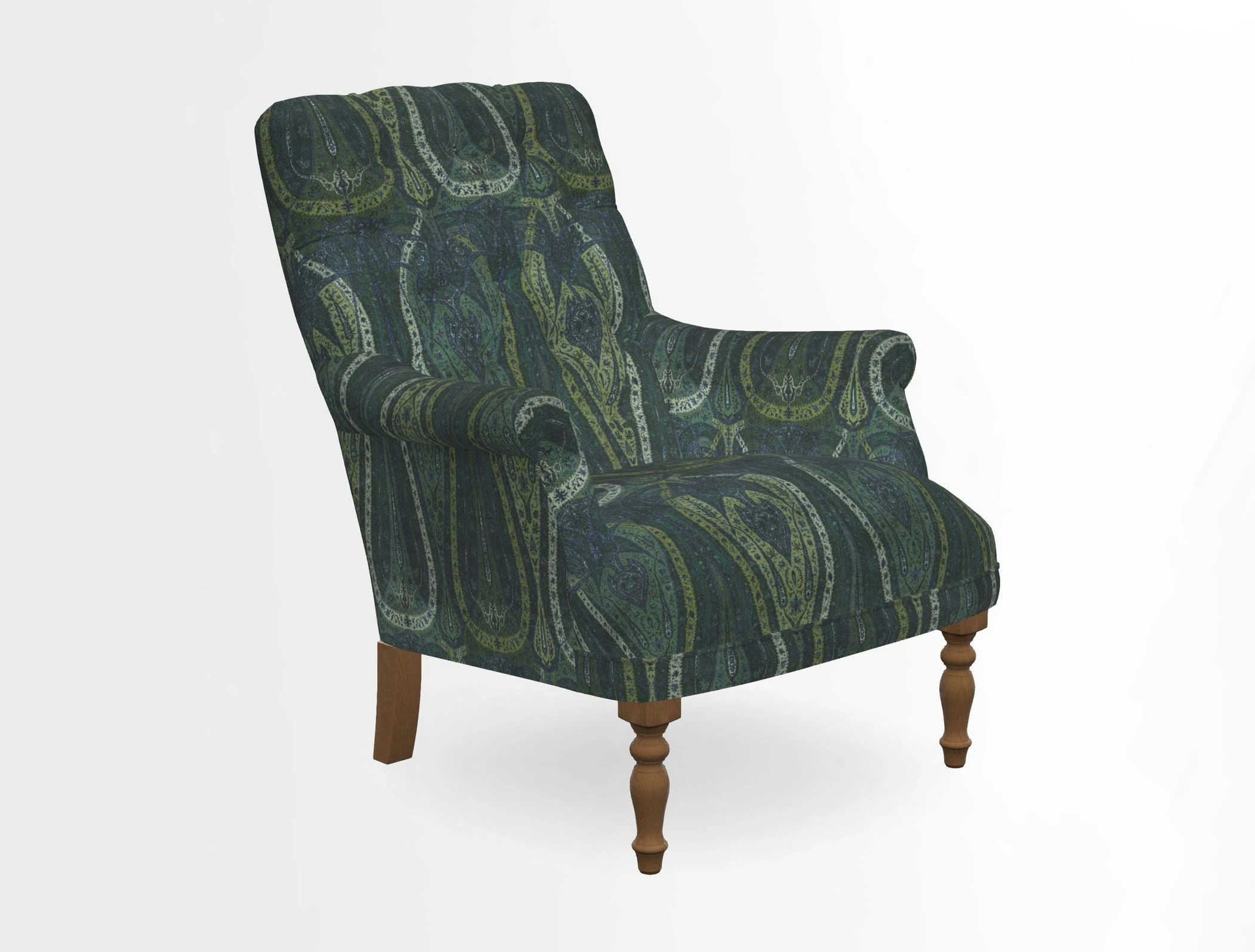 Snape Button Back chair in Spill Resistant V&A Bird & Rabbit Dark Green and Cube footstool in Spill Resistant RHS Etta's Stripe Ink