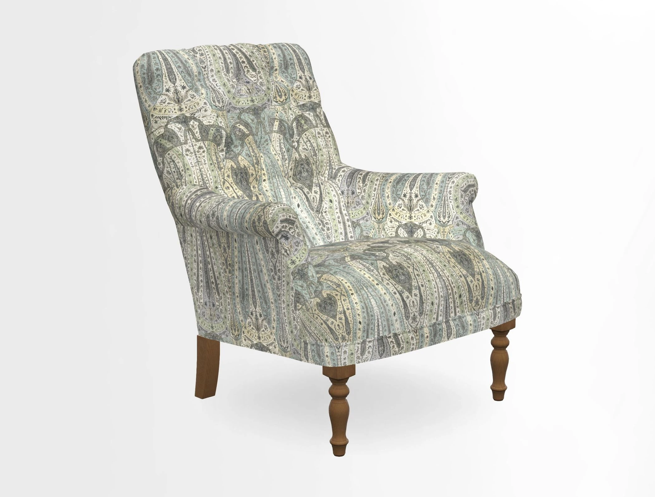 Snape Button Back chair in Spill Resistant V&A Bird & Rabbit Dark Green and Cube footstool in Spill Resistant RHS Etta's Stripe Ink